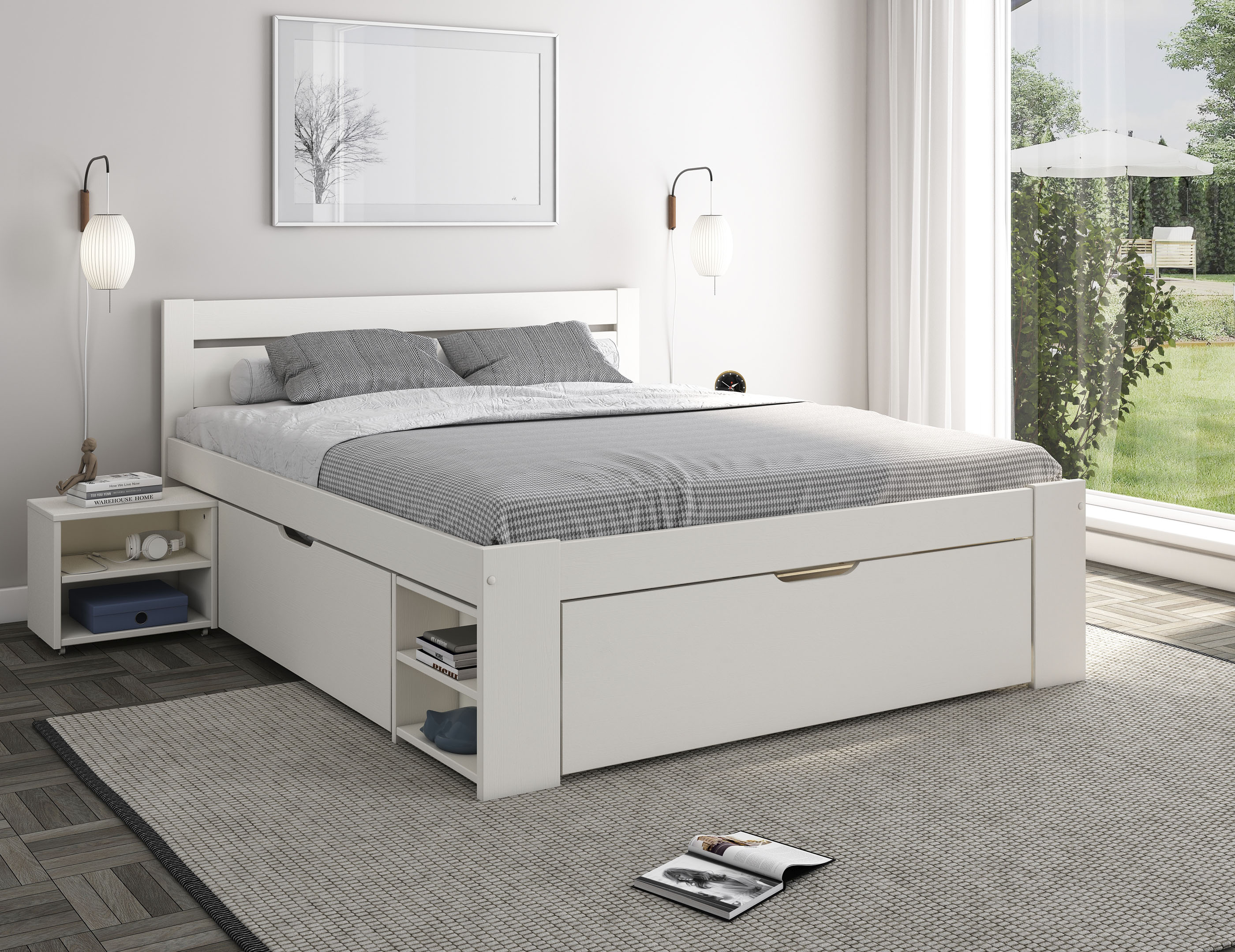 Massivholzbett HOME AFFAIRE ""HANNES " mit Schubladen und Regalen, Nachtschrank ausziehbar, stabil", weiß, B:166cm, Betten, Massivholzbett, FSC-zertifiziertes Kiefernholz, ideal für kleine Räume, Topseller