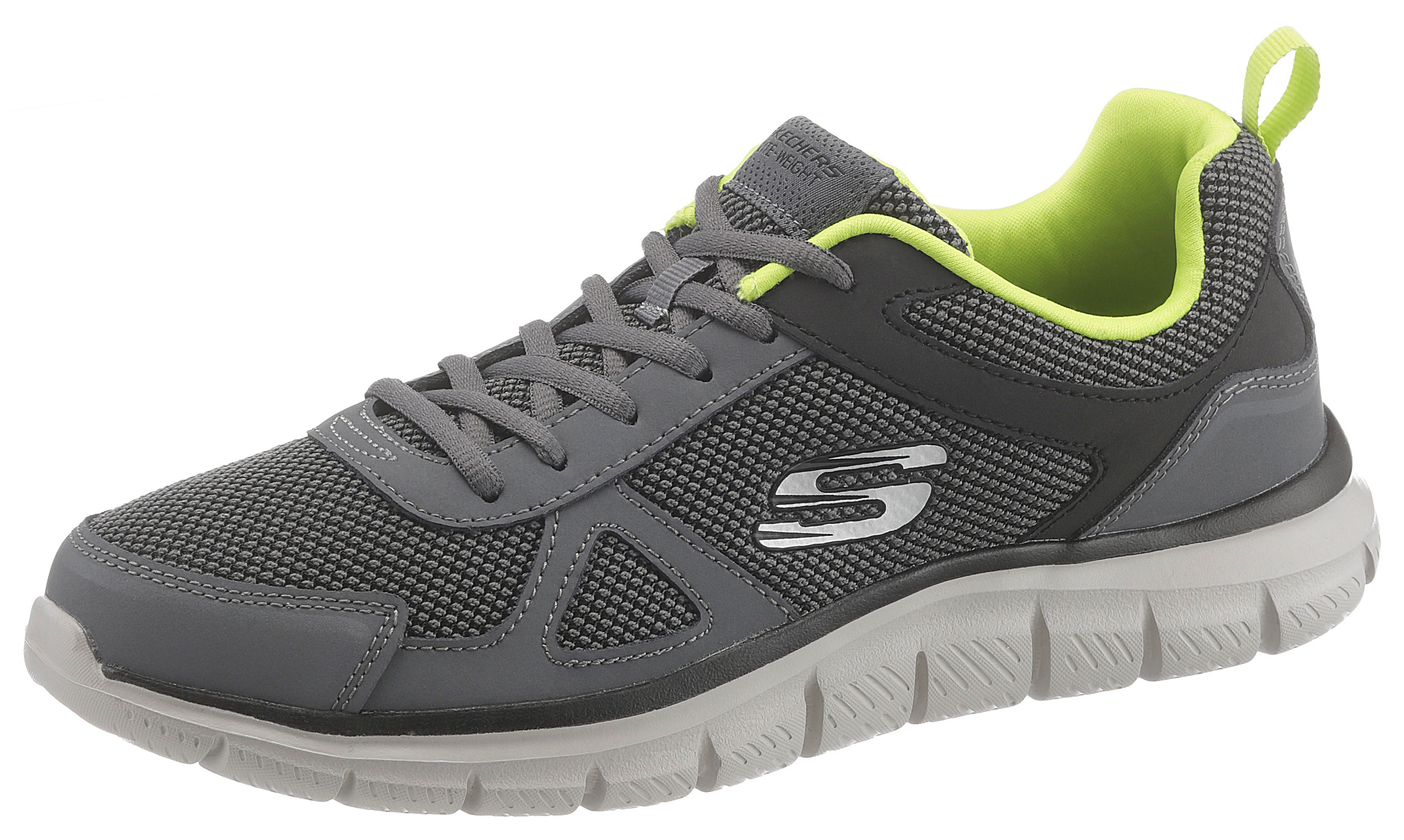 Sneaker SKECHERS "Track", Herren, Gr. 48,5, grau (grau schwarz), Leder, Textil, Schuhe Sneaker, mit seitlichem Logo, Freizeitschuh, Halbschuh, Schnürschuh