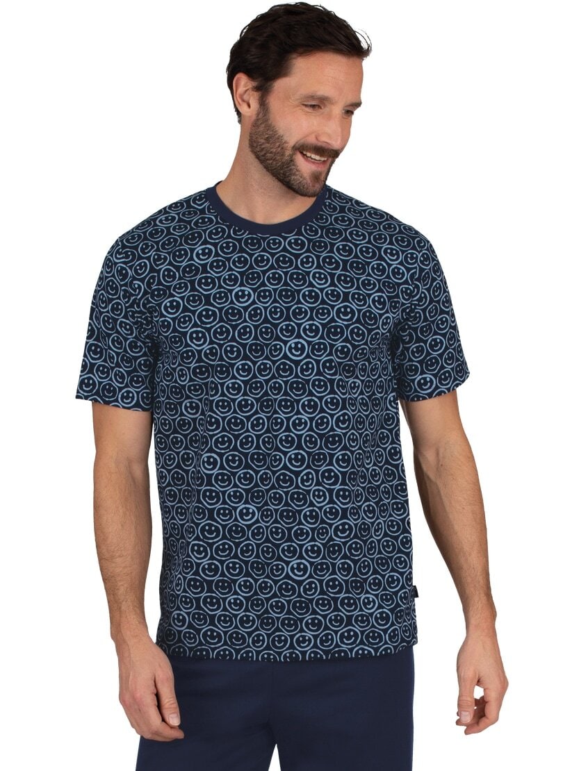 T-Shirt TRIGEMA "TRIGEMA T-Shirt mit freundlichem Smiley-Muster", Herren, Gr. 3XL, blau (navy), 100% Baumwolle, Shirts Image
