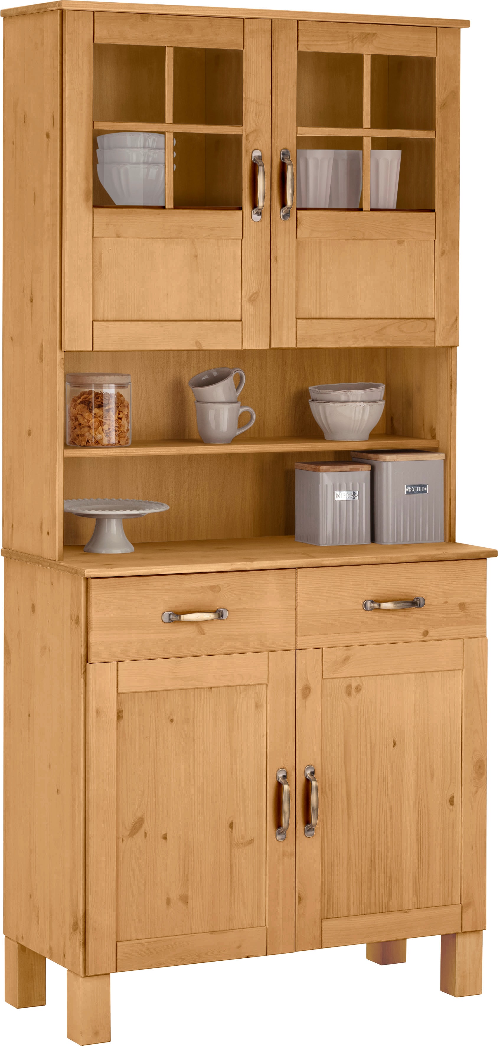 Küchenbuffet HOME AFFAIRE "Alby", beige (natur gebeizt, gewachst), B:85cm H:185cm T:38cm, Massivholz, Schränke, Breite 85 cm, 2 Glastüren