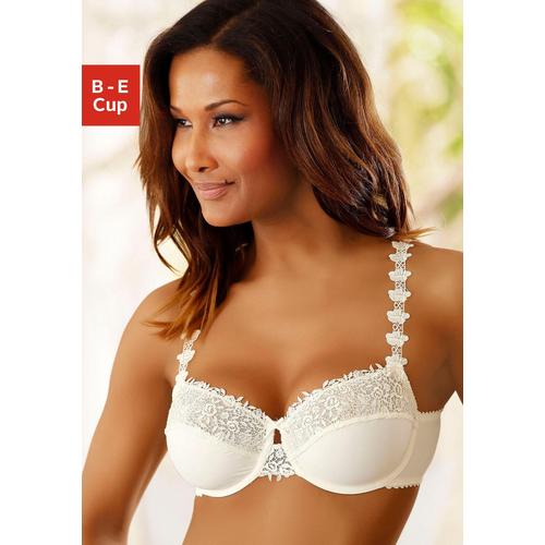 Bügel-BH NUANCE Gr. 95, Cup E, beige (creme) Damen BHs BH Bügel-BH Dirndl-BH Hochzeitsdessous Hochzeitswäsche Spitzen-BH Spitzenwäsche Balconette-BH Trachtenwäsche mit schöner Stickereispitze am Obercup und den Trägern, Dessous