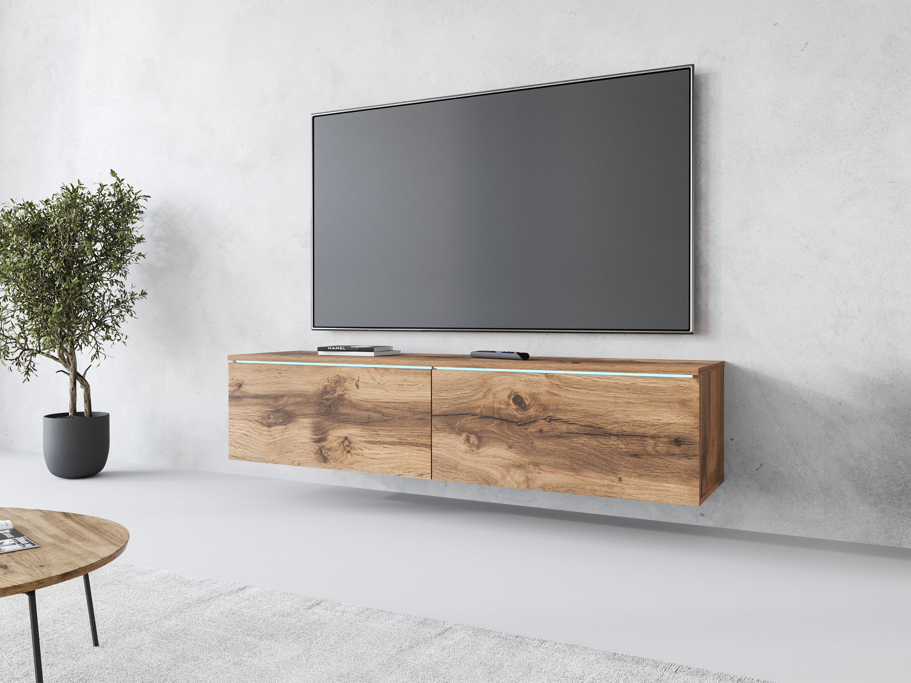 Lowboard HOME AFFAIRE "LOWBOARD D, wahlweise mit oder ohne Beleuchtung", braun (votan eichefarben), B:140cm H:30cm T:33cm, Sideboards, Lowboard, modernes TV-Board ohne Griffe, mit viel Stauraum,stehend und hängend