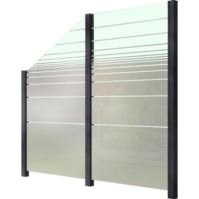 Zaun STAKET PRO, grau (anthrazit), Pfosten: 3 St., Aluminium, Glas, Zaunelemente, Glaszaun, zwei Gläser und seitlicher A