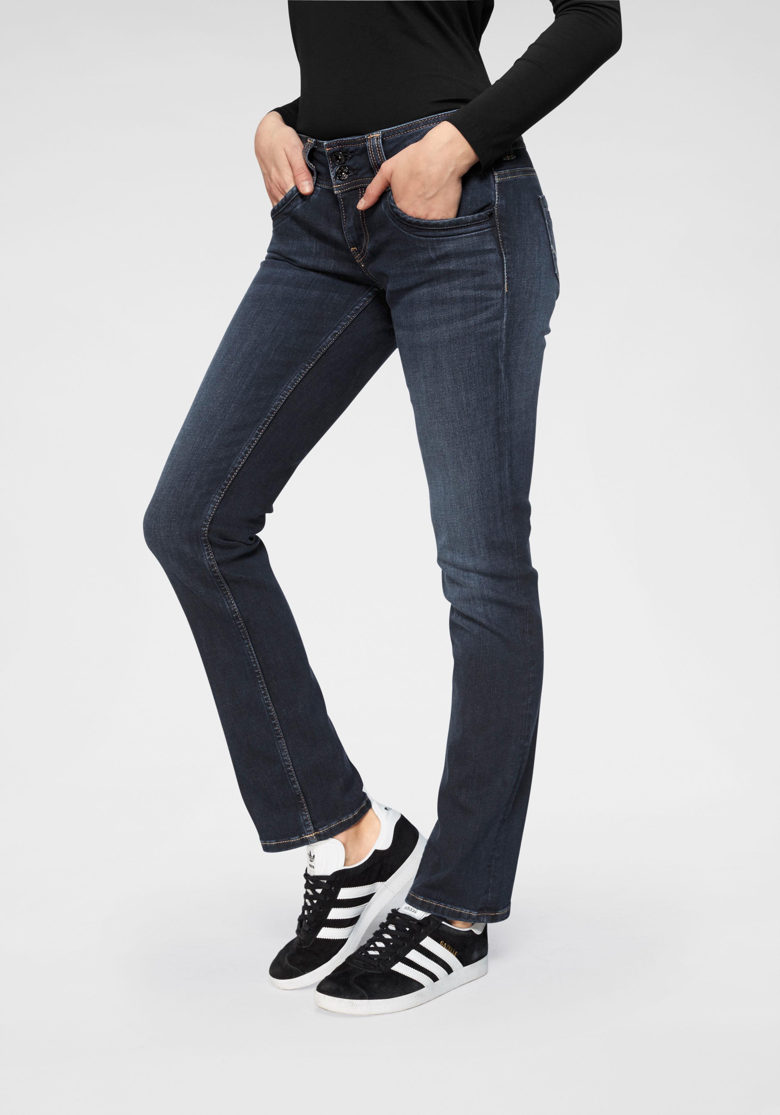Straight-Jeans PEPE JEANS "GEN", Damen, Gr. 28, Länge 32, blau (h06 stretch ultra schwarz), Web, Obermaterial: 84% Baumwolle, 14% Polyester, 2% Elasthan, slim fit lang, Jeans Straight-Jeans, in Baumwoll-Qualtät mit geradem Bein und Doppel-Knopf-Bund