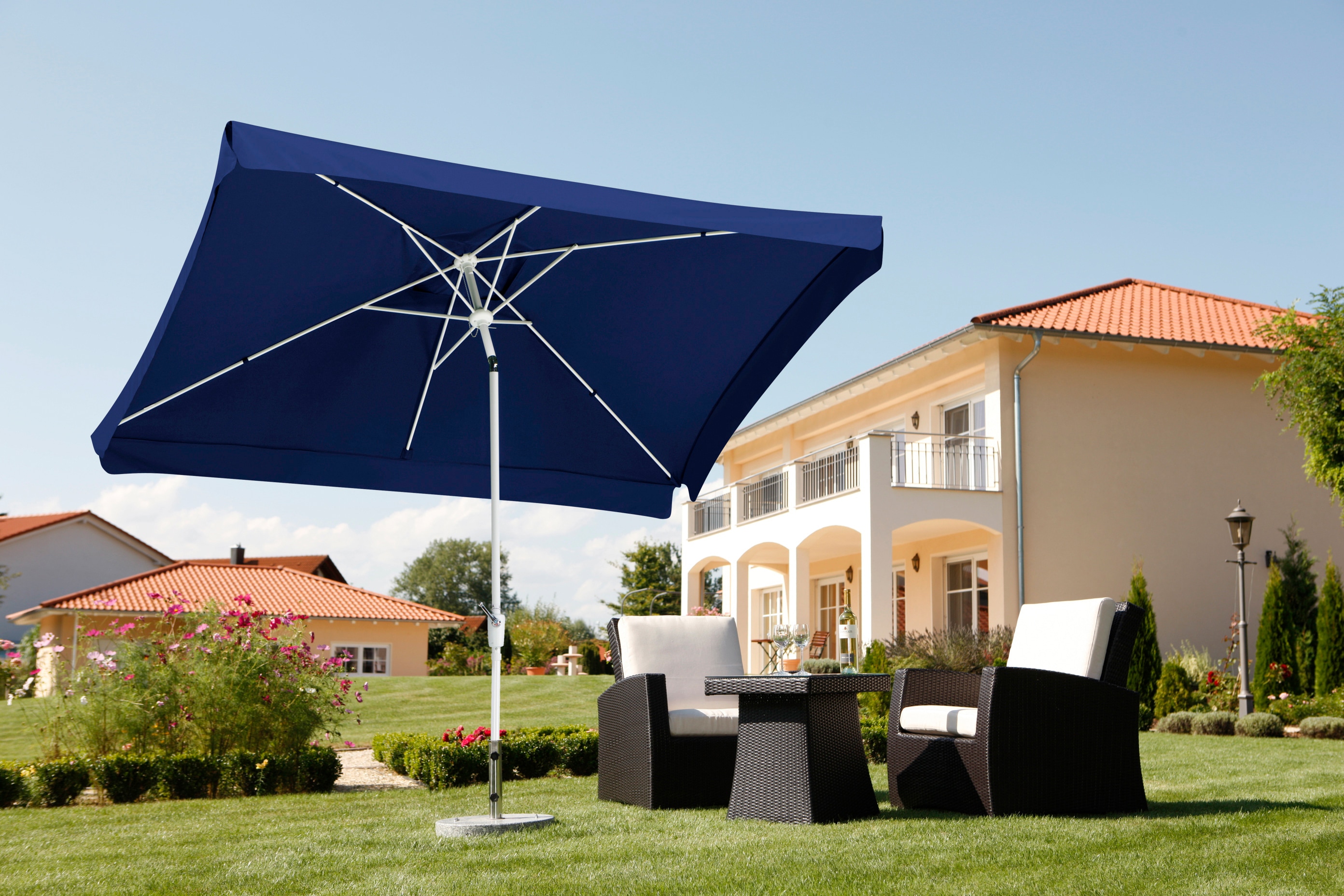 Rechteckschirm SCHNEIDER SCHIRME "Oslo", blau, Obermaterial: 100% Polyester, Standschirme, abknickbar, ohne Schirmständer