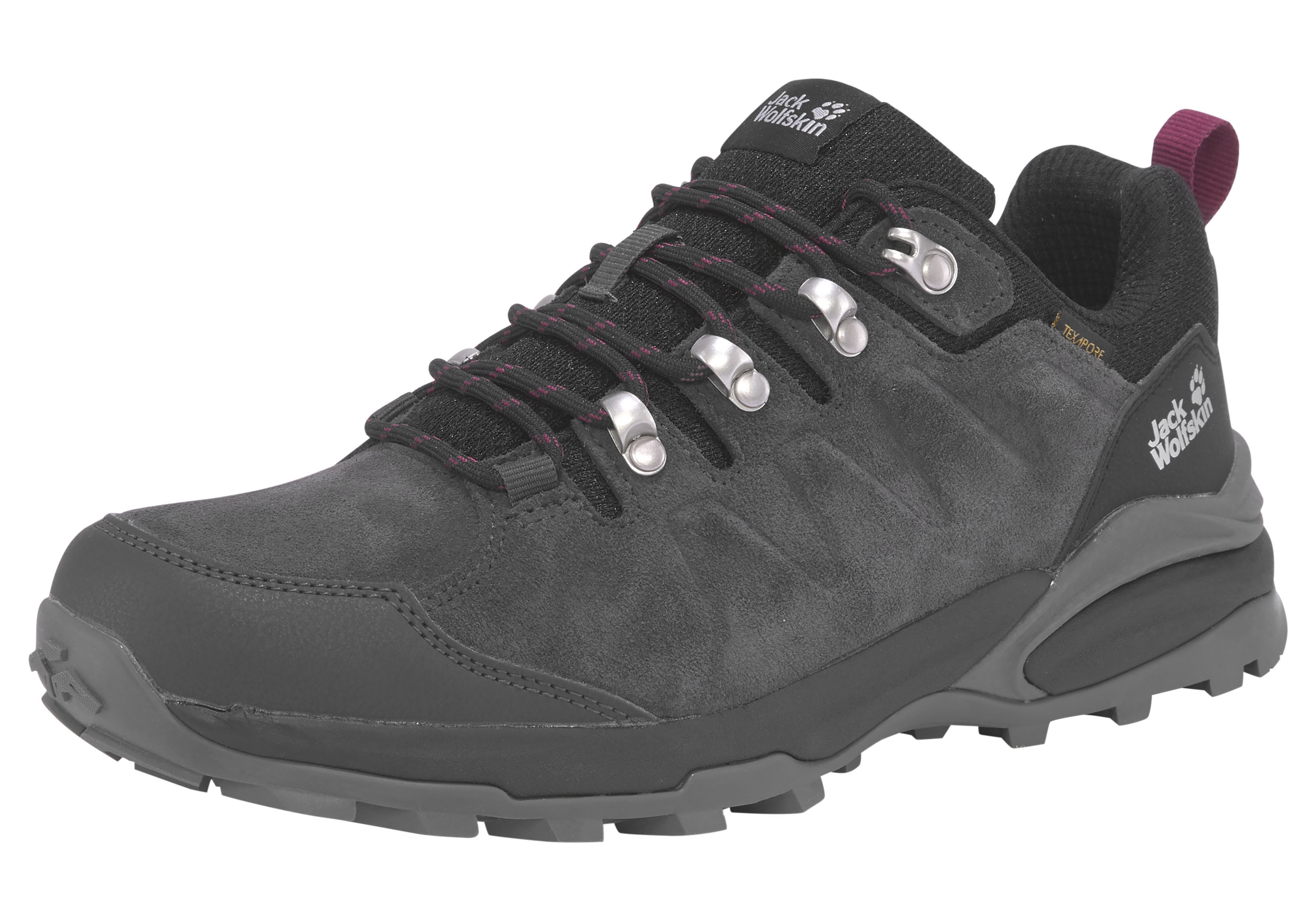 Wanderschuh JACK WOLFSKIN "REFUGIO TEXAPORE LOW W", Damen, Gr. 39, schwarz, Textil, Veloursleder, Schuhe Wanderschuh, Wasserdicht, Trekkingschuh