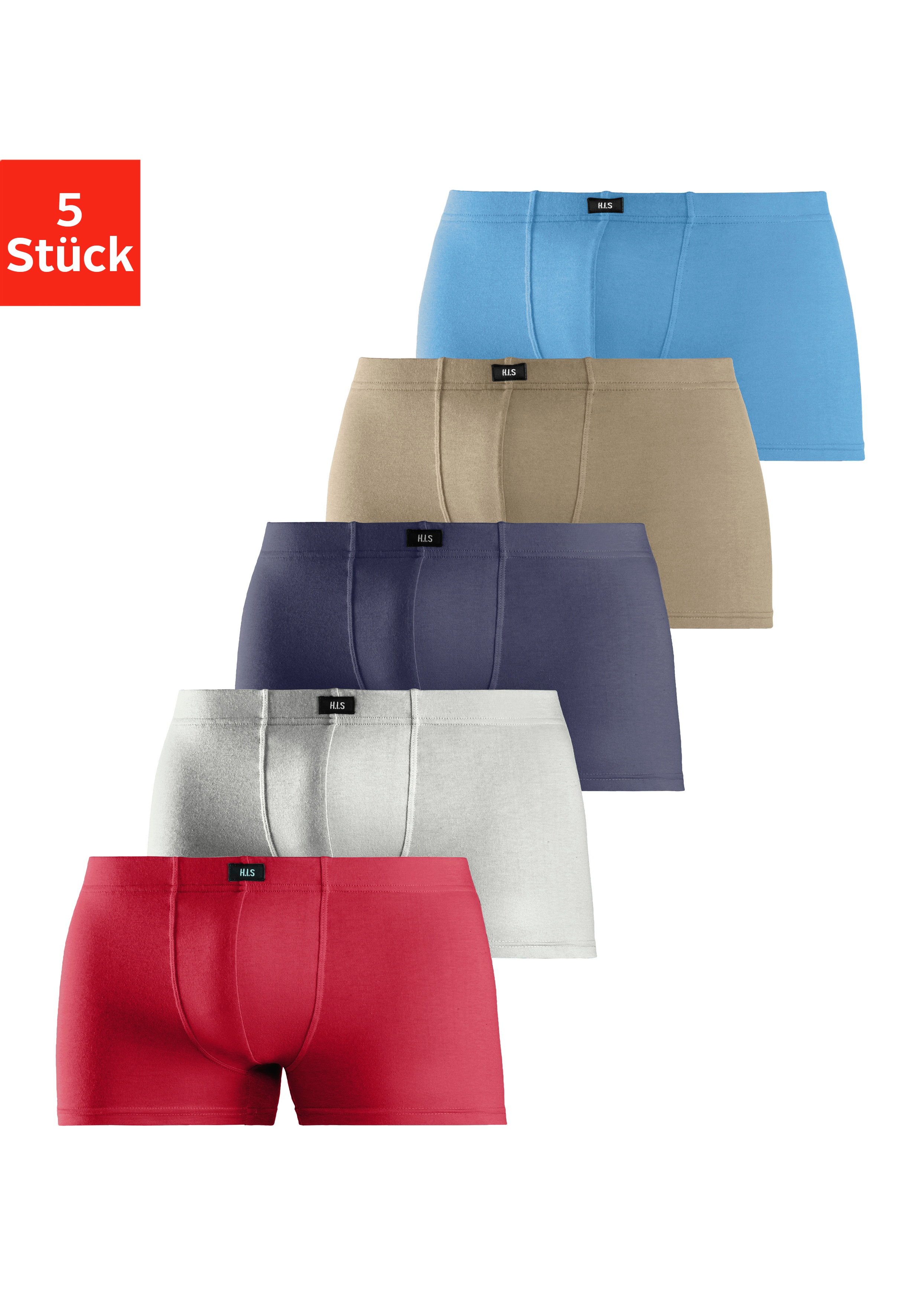 Boxer H.I.S "Boxershorts für Herren", Herren, Gr. 10 (4XL), bunt (rot, blau, marine, khaki, grau, meliert), Jersey, Obermaterial: 95% Baumwolle, 5% Elasthan, unifarben, normal, Unterhosen, aus Baumwolle Image