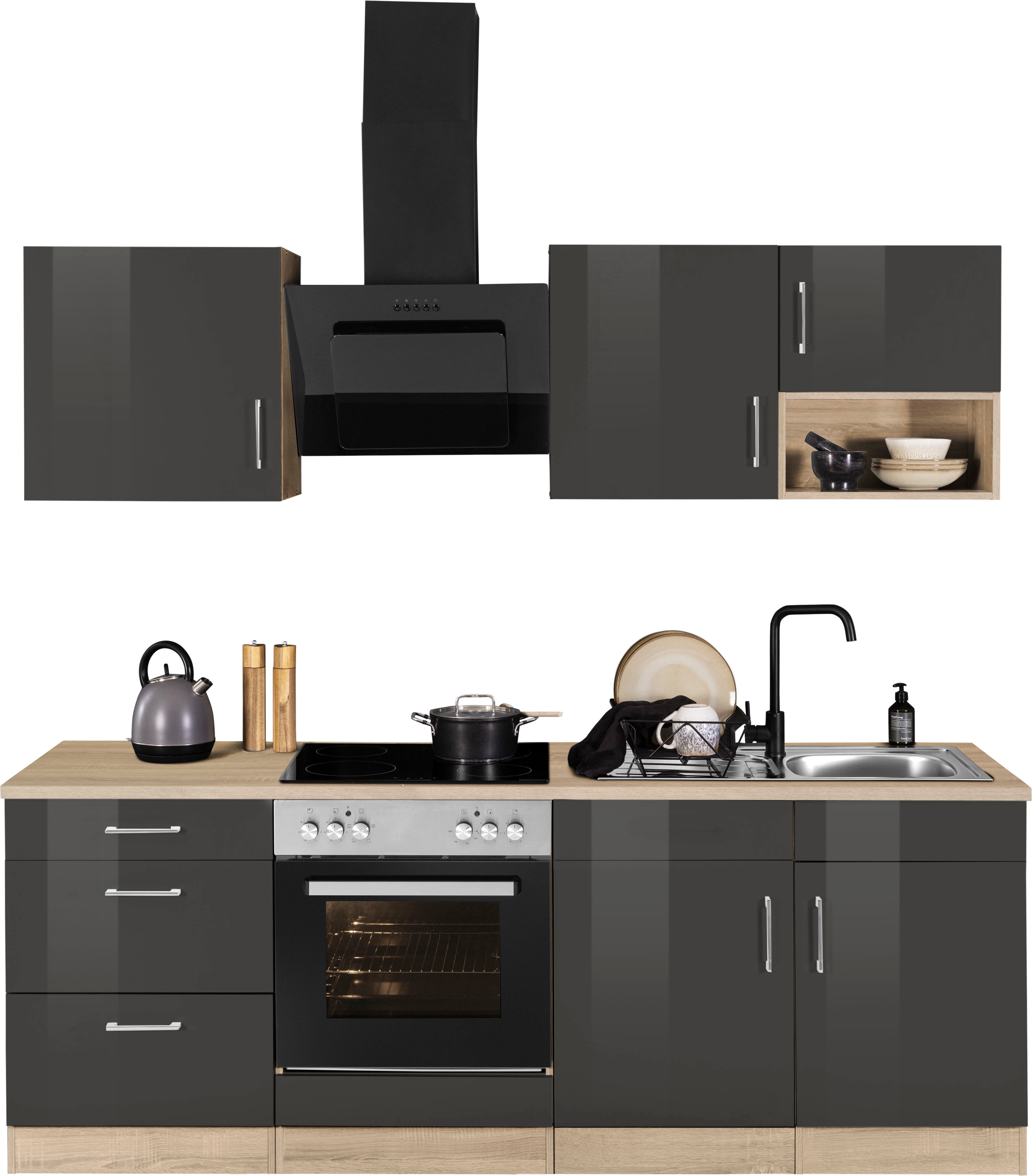 Küchenzeile KOCHSTATION "KS-Haiti", grau (küche: grau, korpus: eichefarben, arbeitsplatte: eichefarben), B:210cm T:60cm, Komplettküchen-Sets, ohne E-Geräte, Breite 210 cm Image
