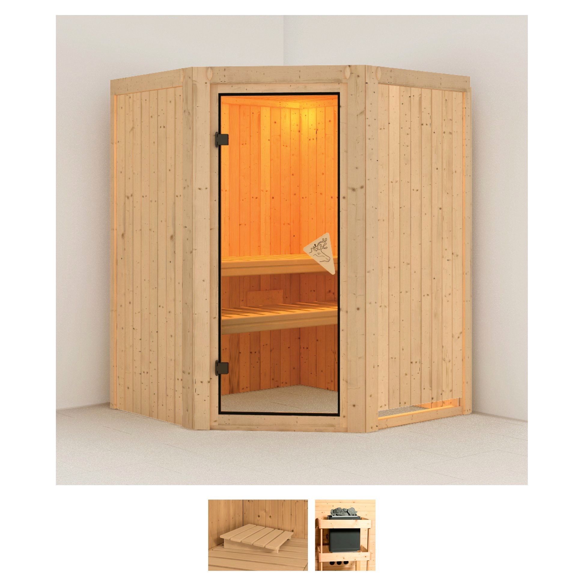 Sauna KARIBU "Larin", beige (naturbelassen), ohne Ofen, (ohne Ofen), Saunen, ohne Ofen Image