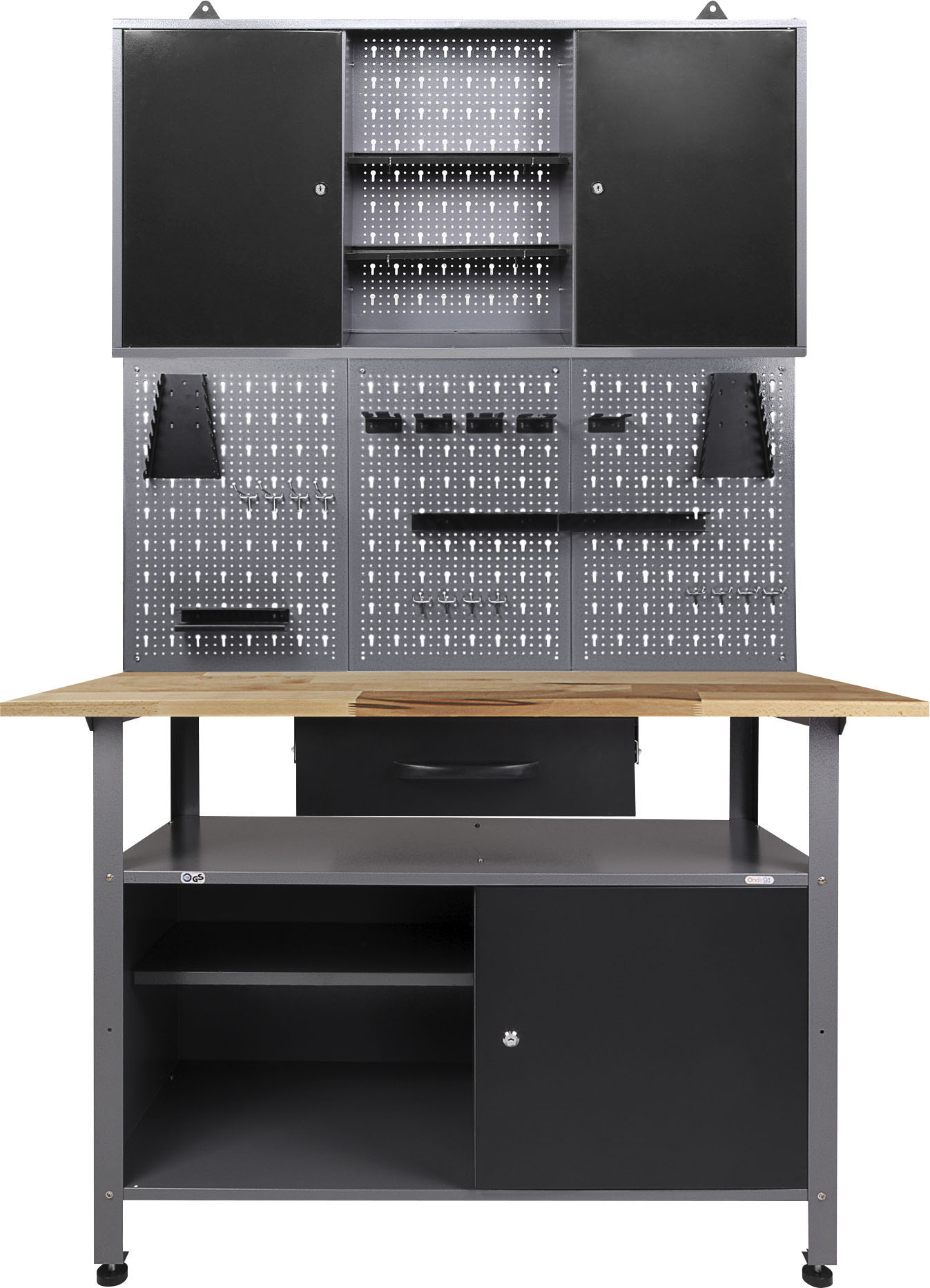 Werkstatt-Set ONDIS24, grau, B:120cm H:205cm T:60cm, Metall, Werkbänke, inkl. Werkbank, Werkzeugschrank, Lochwand & 22-tlg. Hakenset