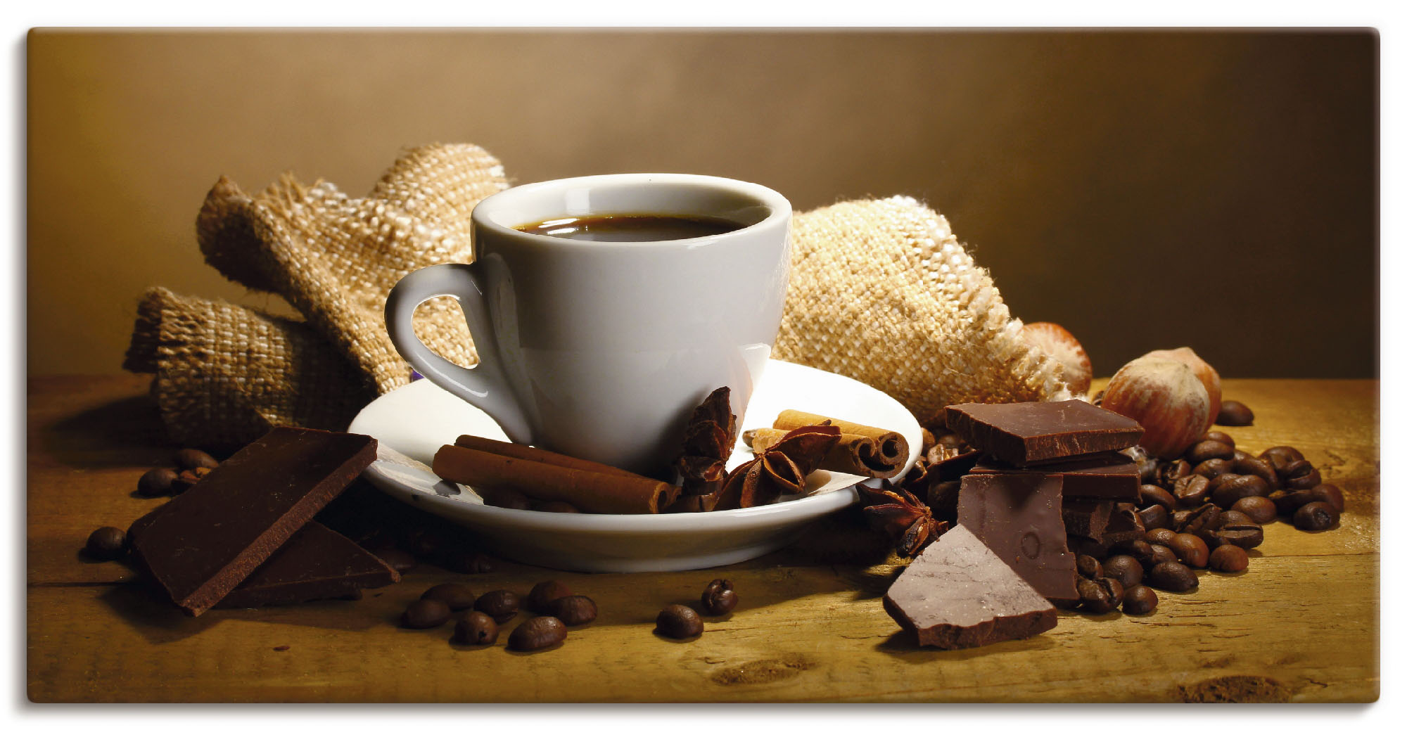 Wandbild ARTLAND "Kaffeetasse Zimtstange Nüsse Schokolade", braun (farbe bild(er): braun), B:60 H:30, Canvas, Bilder, als Leinwandbild, Poster, Wandaufkleber in verschied. Größen Image