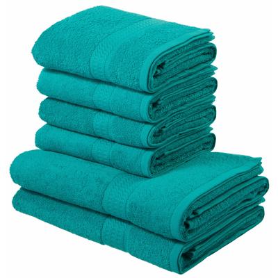 Handtuch Set MY HOME "Juna, 6-tlg., 2 Duschtücher (70x140) 4 Handtücher (50x100)", blau (petrol), 6 tlg., Walkfrottee, Walkfrottee, Obermaterial: 100% Baumwolle, Handtuch-Sets, 100% Baumwolle, Handtuch-Set mit Bordüre, Uni-Farben, weich Image