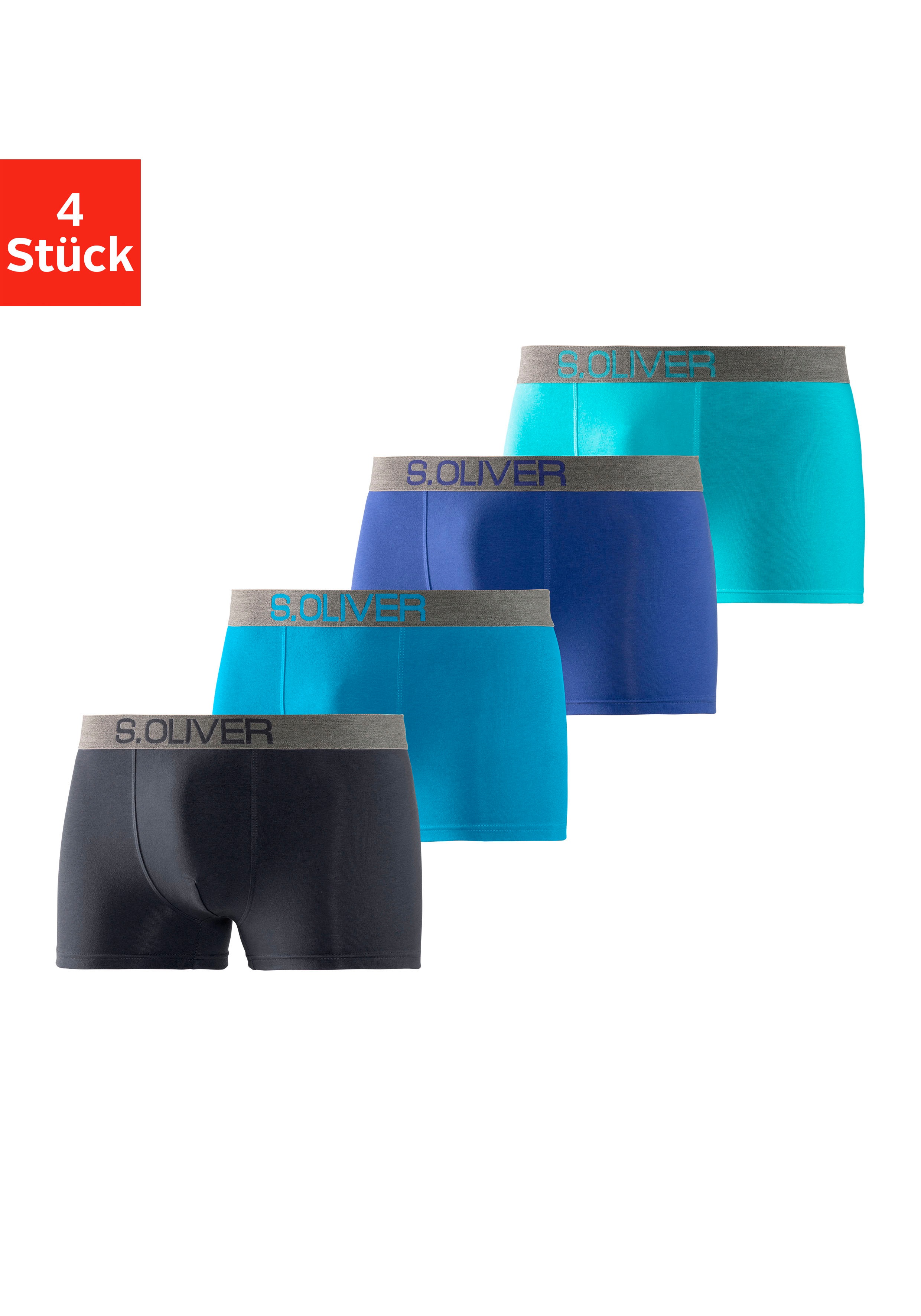 Boxer S.OLIVER "Boxershorts für Herren", Herren, Gr. L, 4 Stk., blau (türkis, hellblau, marine, royalblau), Jersey, Obermaterial: 92% Baumwolle, 8% Elasthan (LYCRA), unifarben, körpernah, Unterhosen, mit kontrastfarbenem Webbund