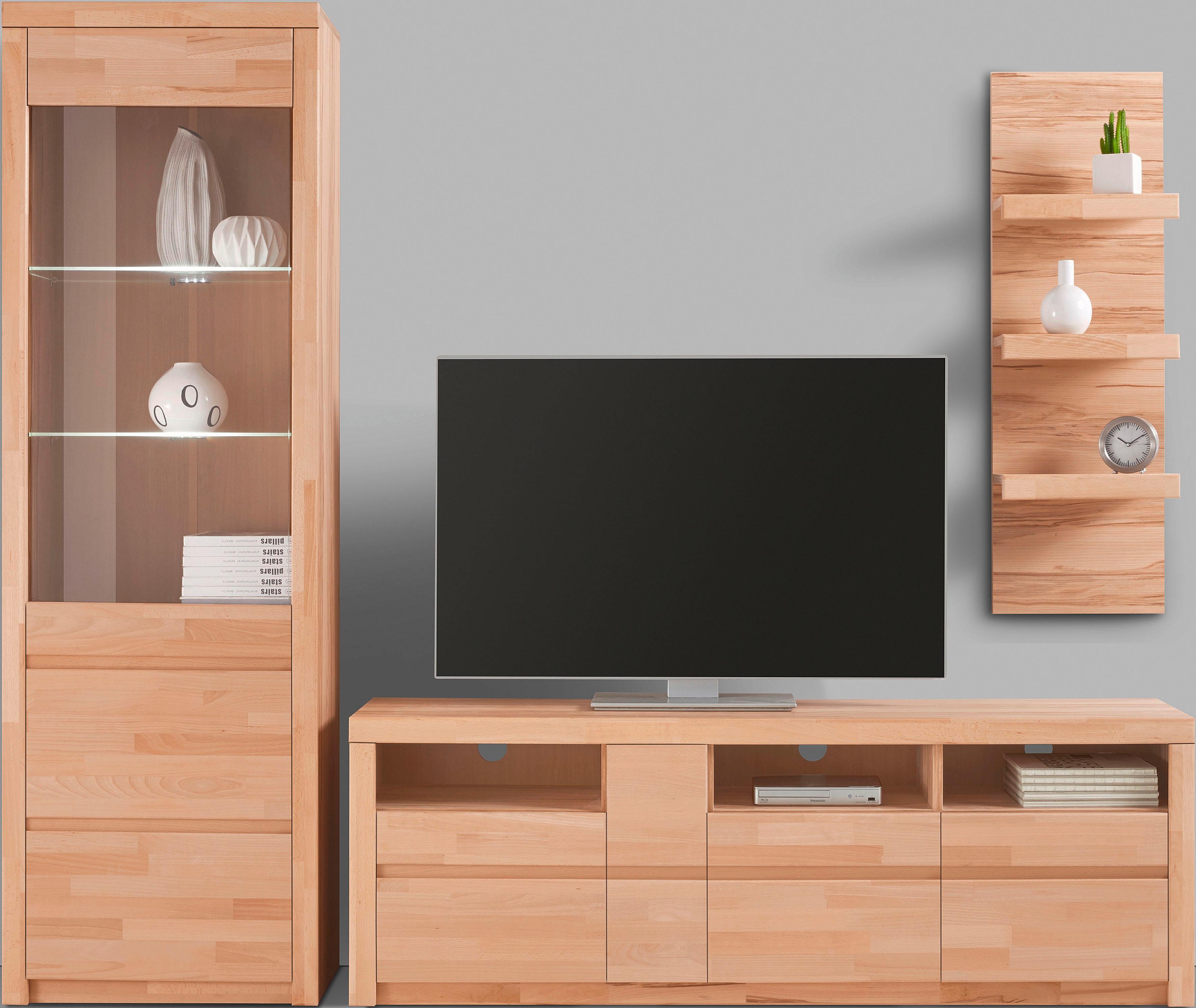 Wohnwand HOME AFFAIRE "Silkeborg", beige (kernbuche teilmassiv), Holzwerkstoff Kernbuchefarben (Korpus)/ Massivholz Kernbuche (Front), Holz teilmassiv, Kastenmöbel-Sets, Wohnwand, teilmassives Holz