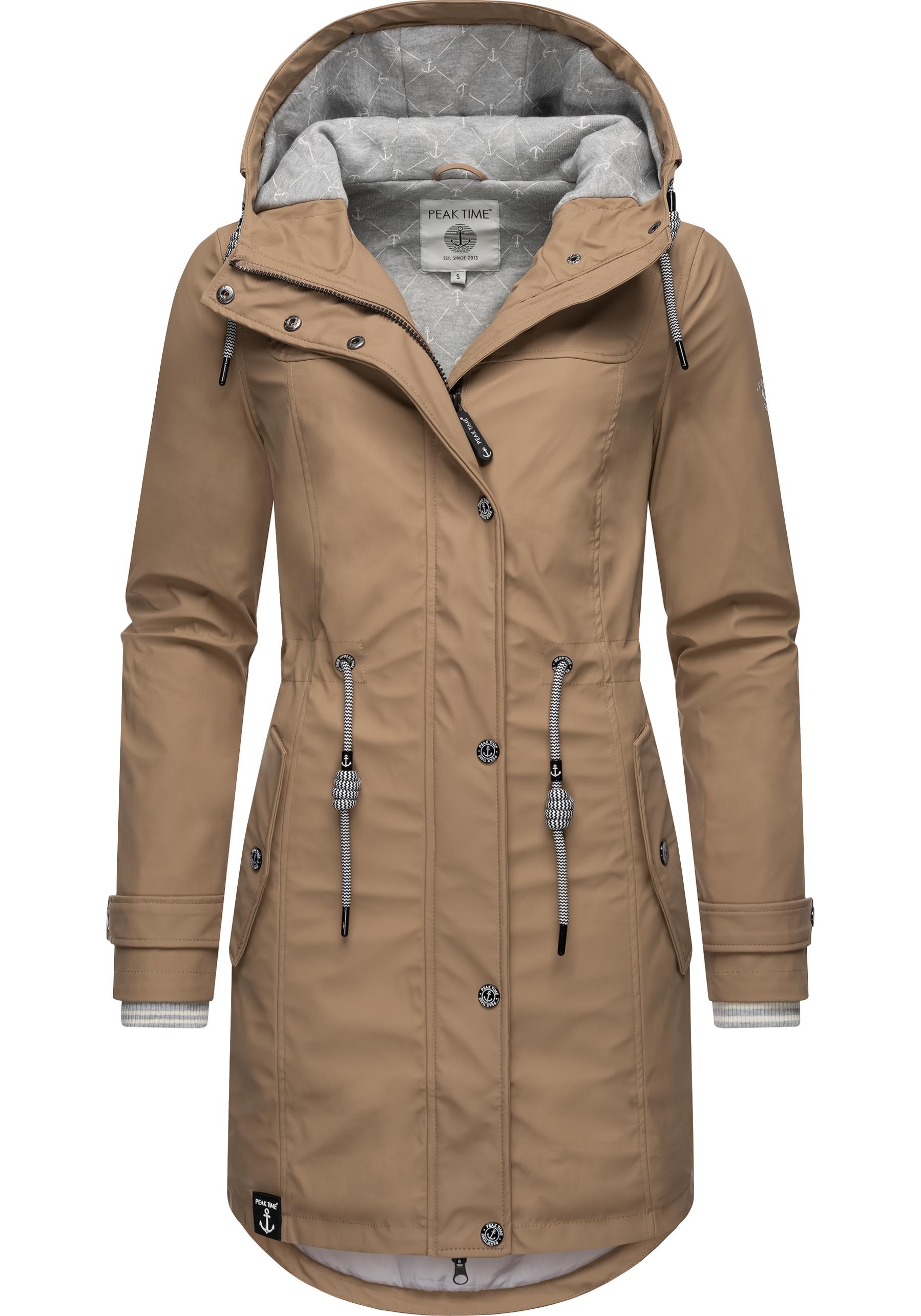 Regenjacke PEAK TIME "L60042", Damen, Gr. XS (34), beige, Obermaterial: 100% Polyurethan; Futter 1: 100% Polyester; Futter 2: 60% Baumwolle, 40% Polyester; Wattierung: 100% Polyester, tailliert ca. Mitte Oberschenkel, Ärmel ohne Ärmelschlitz...