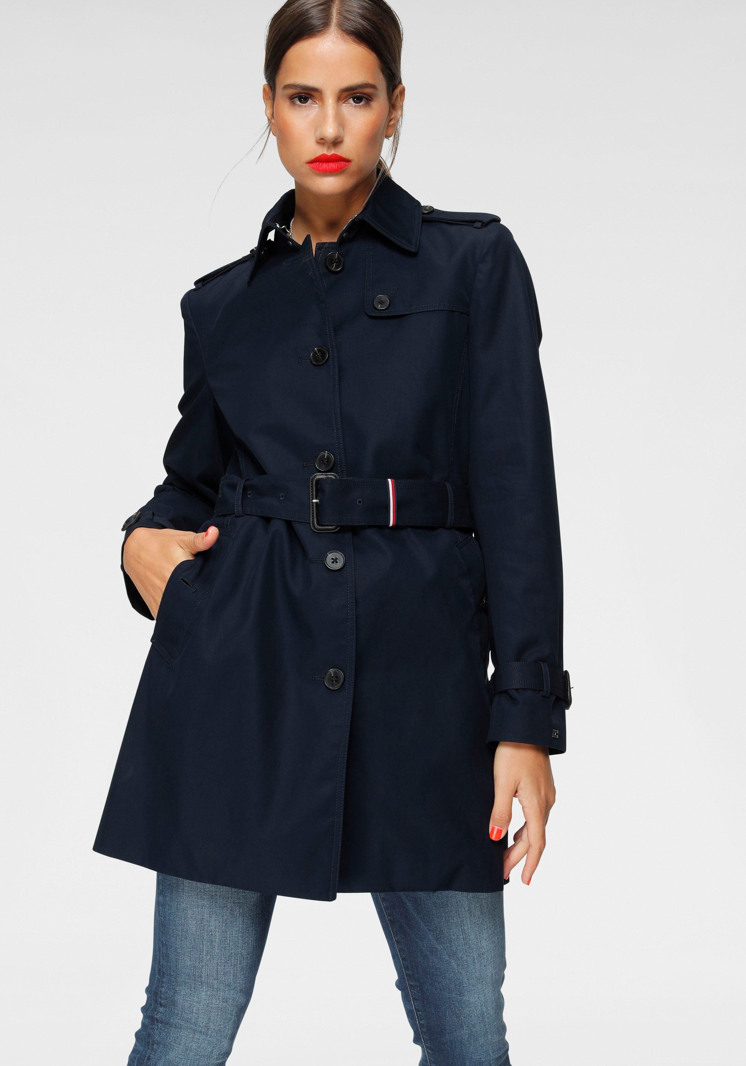 Langjacke TOMMY HILFIGER "HERITAGE SINGLE BREASTED TRENCH", Damen, Gr. XXXL(46), blau (midnight), Web, Obermaterial: 100% Baumwolle, unifarben, figurbetont extralang, 2-Naht-Ärmel, Jacken, mit den typischen Trenchdetails & Tommy Streifen als... Image