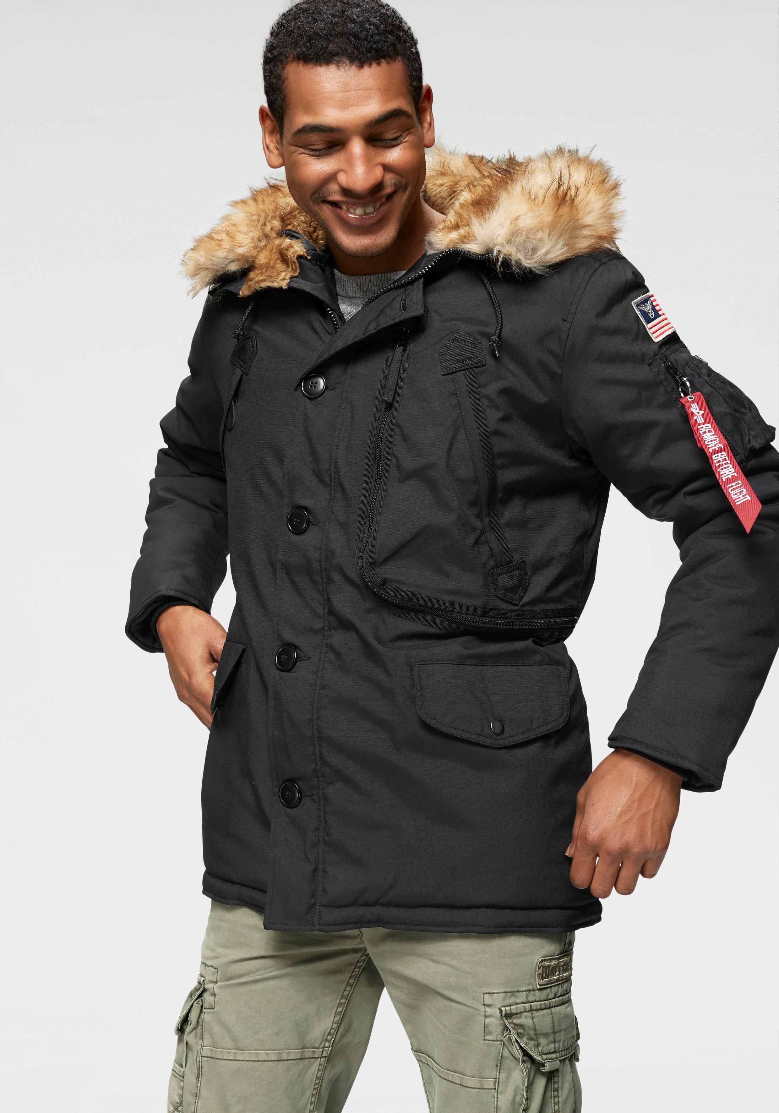 Parka ALPHA INDUSTRIES "POLAR JACKET", Herren, Gr. M, schwarz, Web, Obermaterial: 53% Nylon, 47% Polyester. Beschichtung: 100% Polyester. Futter: 100% Nylon. Wattierung: 100% Polyester, unifarben, normal, mit Windstopper, Jacken Parka