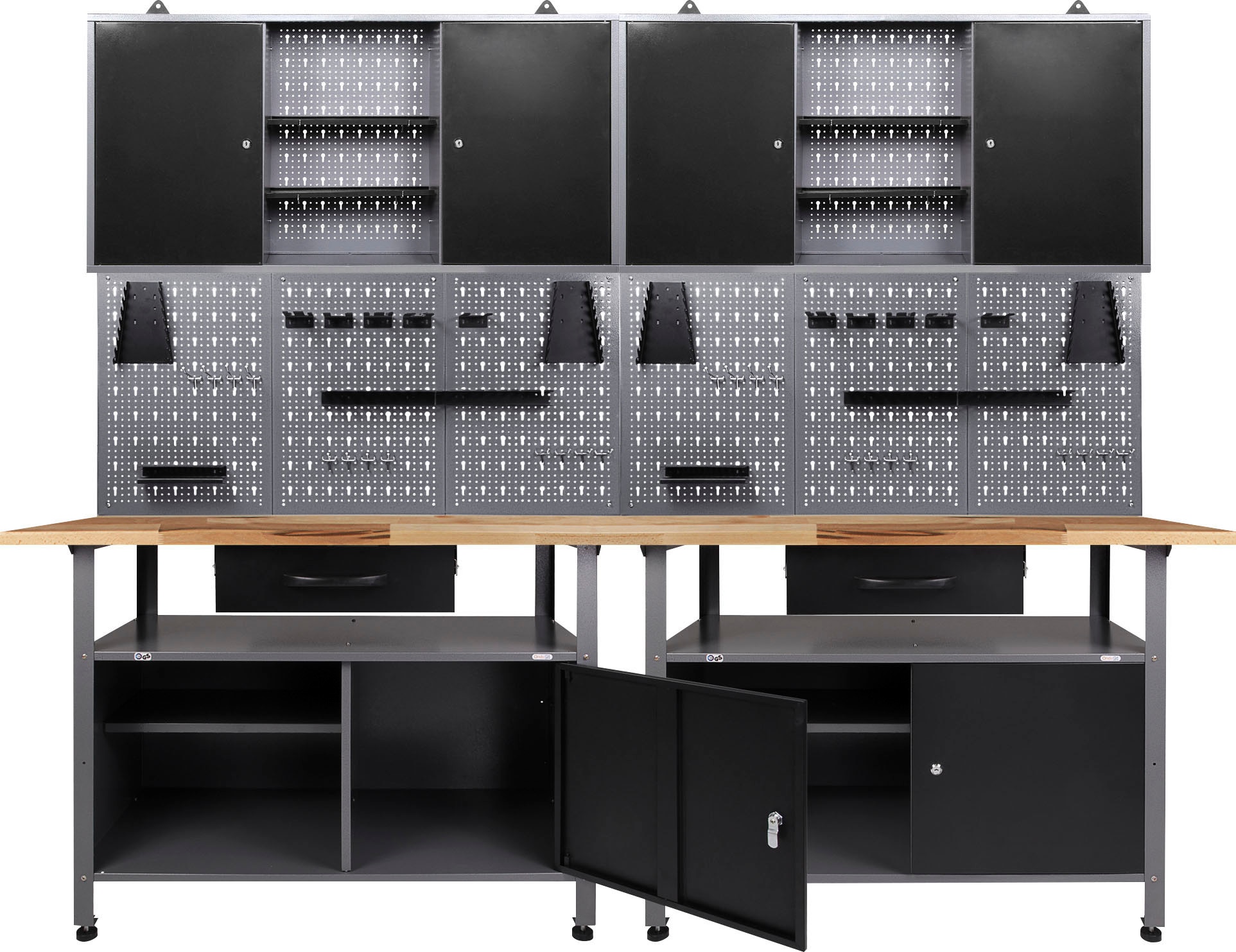 Werkstatt-Set ONDIS24 "Klaus", schwarz (anthrazit, schwarz, grau), B:240cm H:205cm T:60cm, Metall, Werkbänke, 240 cm