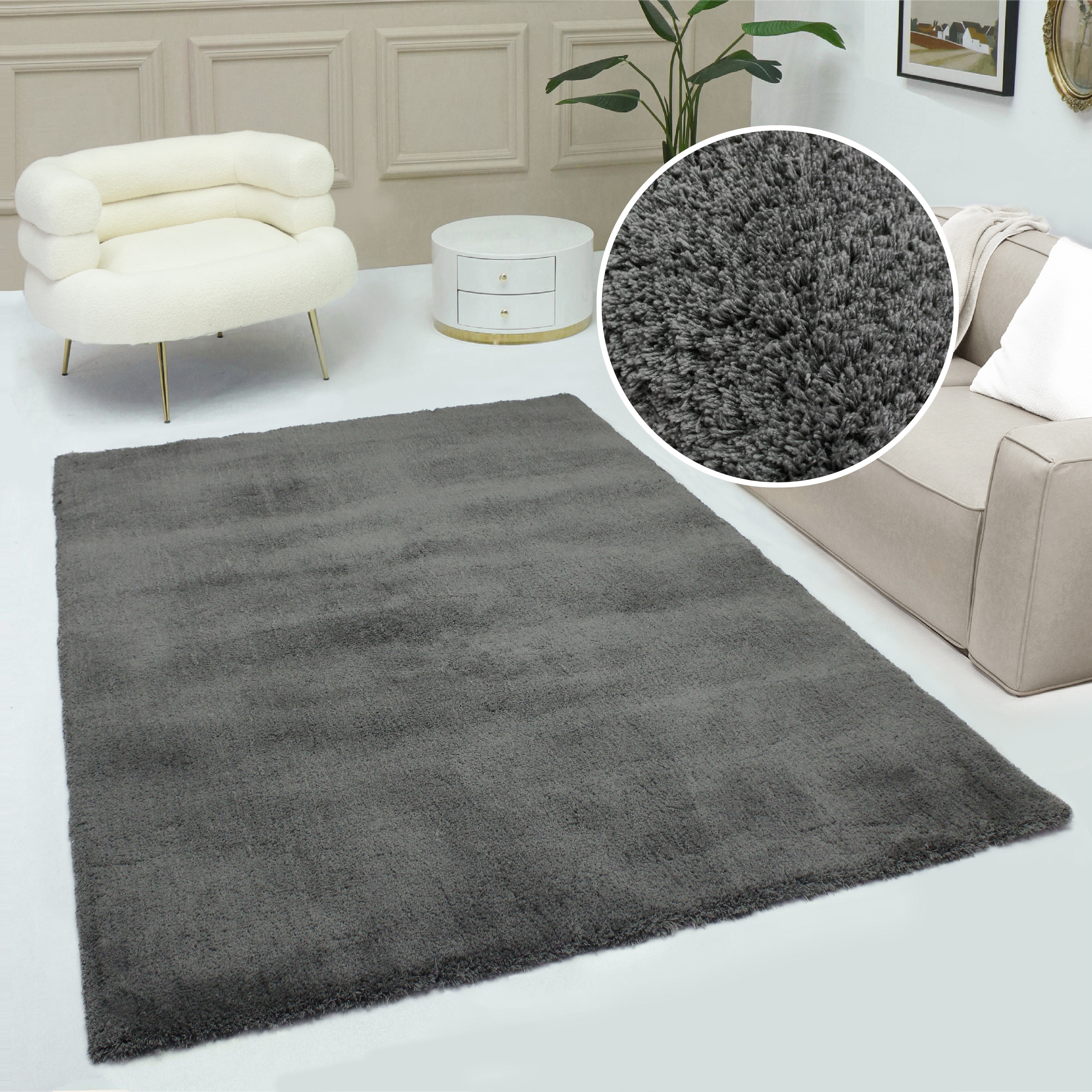 Hochflor-Teppich MY HOME "Microfaser Teppich Magong, besonders weich, sehr feiner Flor" Gr. 2, grau (stone), B:80cm H:25mm L:150cm, Kunstfaser, Teppiche, uni, Wohnzimmer, Schlafzimmer, Kinderzimmer, auch rund und als Läufer Image