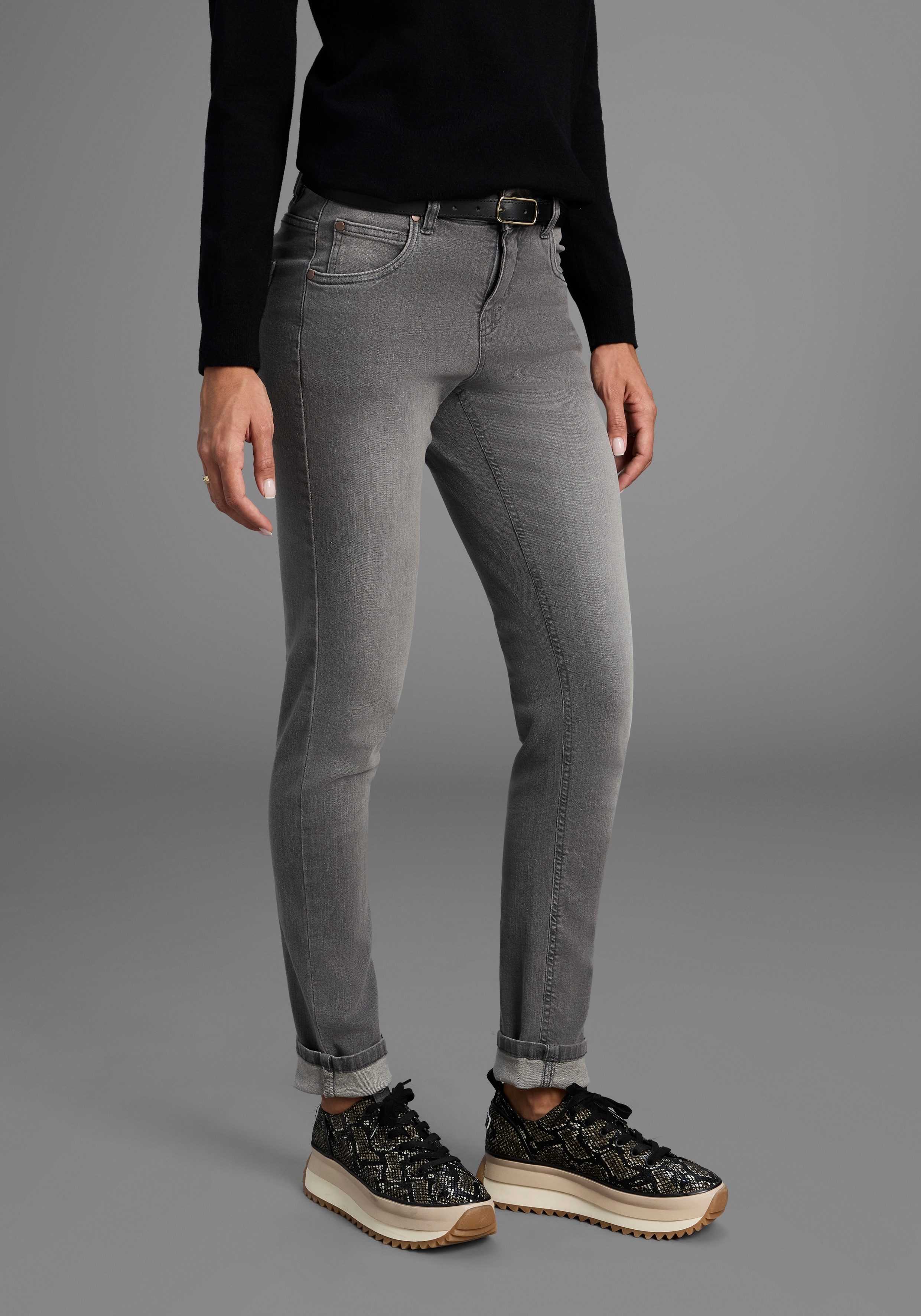 Slim-fit-Jeans ARIZONA "Bund mit seitlichem Gummizugeinsatz", Damen, Gr. 34, N-Gr, grau (grau used), Denim/Jeans, Obermaterial: 98% Baumwolle, 2% Elasthan, Basic, slim fit lang, Jeans Slim-fit-Jeans, schmale Passform, Röhrenjeans, Used-Waschung,...