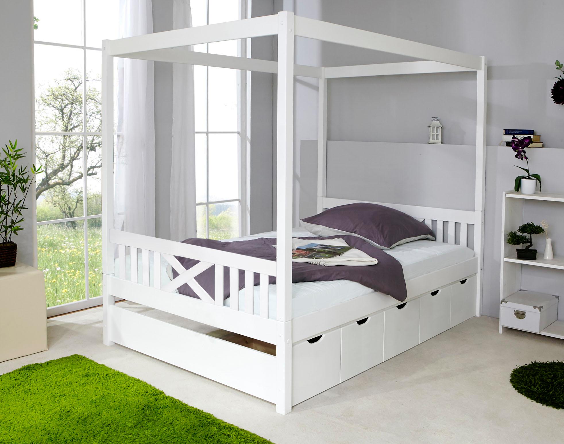 Himmelbett TICAA "Lino", weiß (kiefer massiv weiß gewachst), B:148cm, Betten, Himmelbett, inkl. Schubkasten und Rollrost