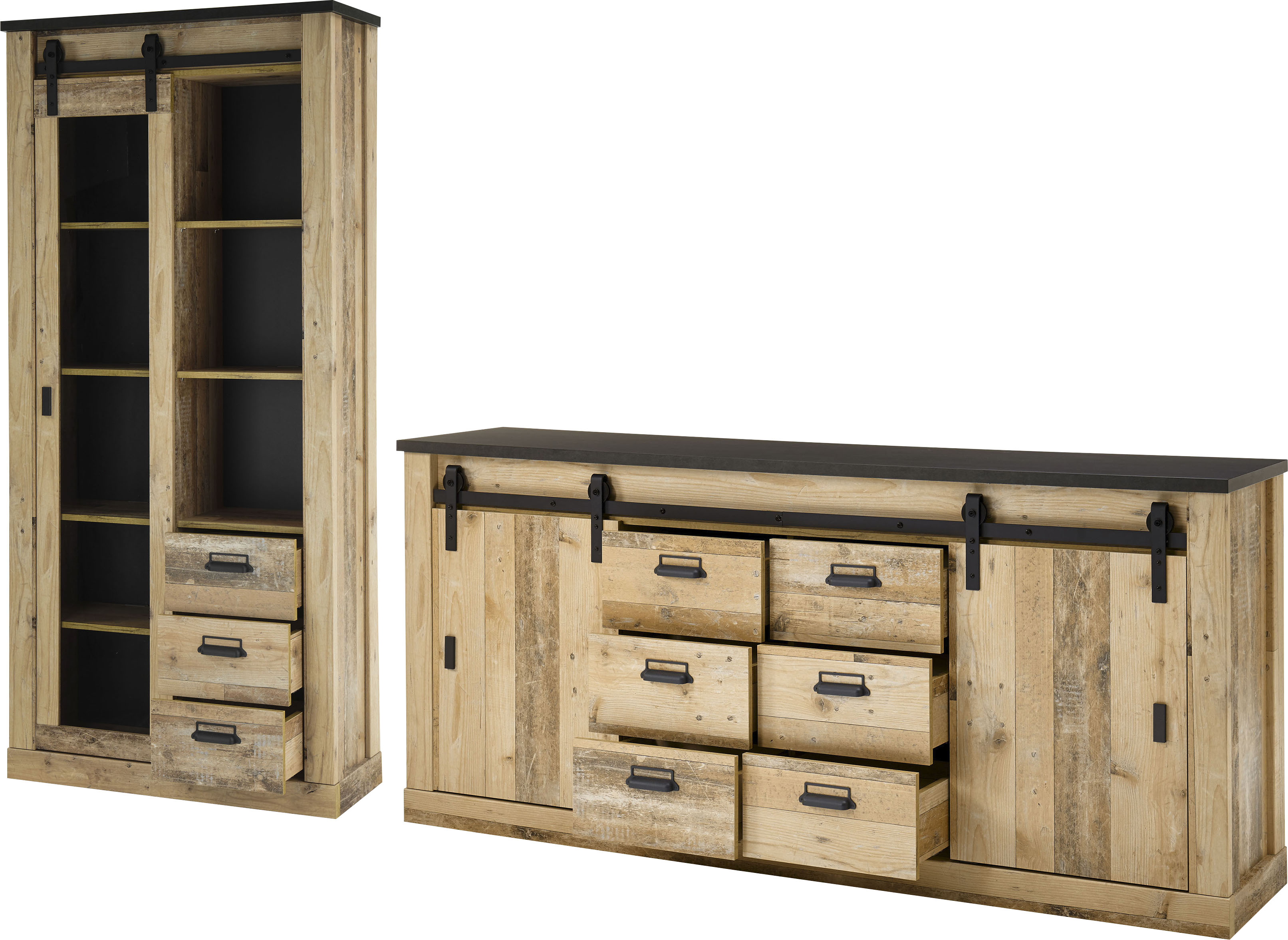 Wohnwand HOME AFFAIRE "SHERWOOD", braun (old style hell dekor), B:314cm H:201cm T:43cm, Kastenmöbel-Sets, Wohnwand, Scheunentorbeschlag und Apothekergriffe aus Metall, Höhe 201 cm