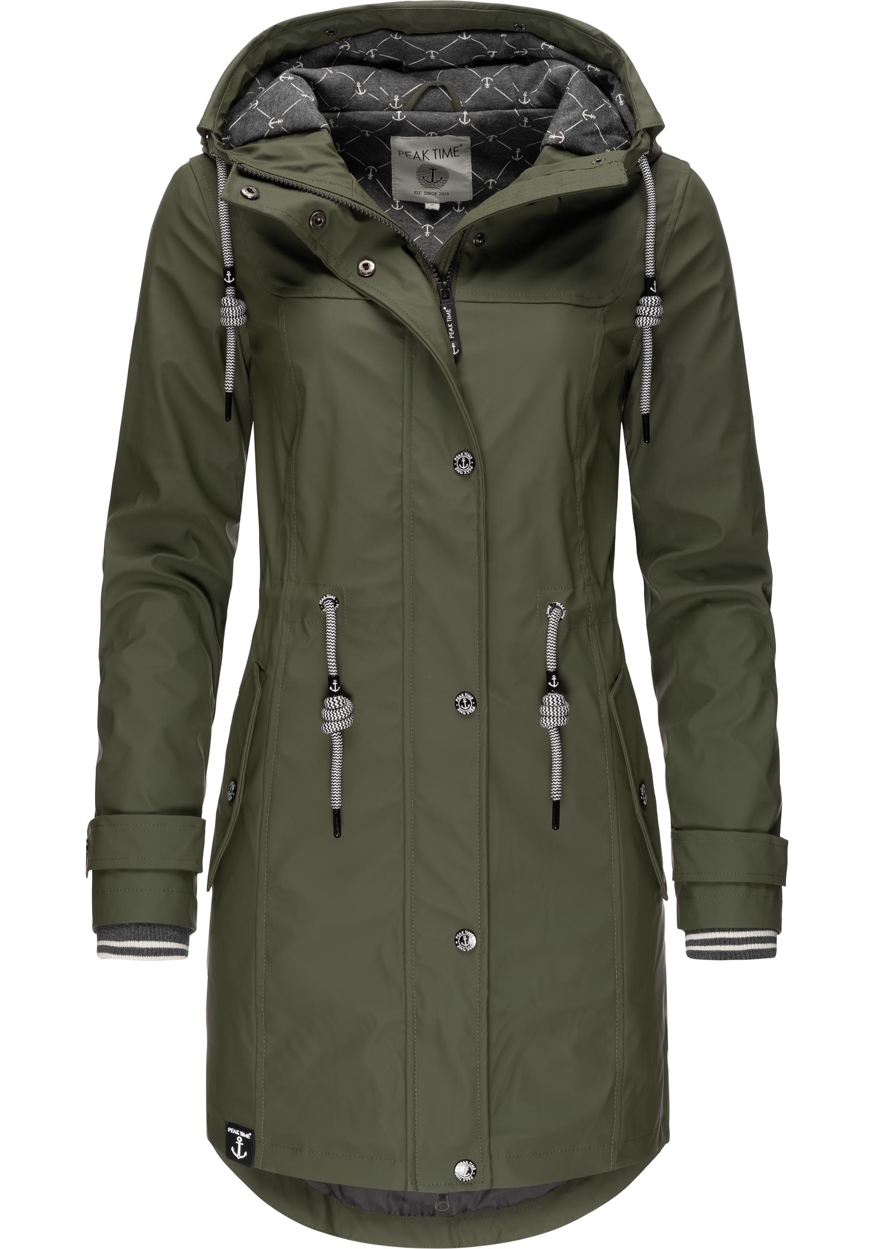 Regenjacke PEAK TIME "L60042", Damen, Gr. M (38), grün (olivgrün), Obermaterial: 100% Polyurethan; Futter 1: 100% Polyester; Futter 2: 60% Baumwolle, 40% Polyester; Wattierung: 100% Polyester, tailliert ca. Mitte Oberschenkel, Ärmel ohne...