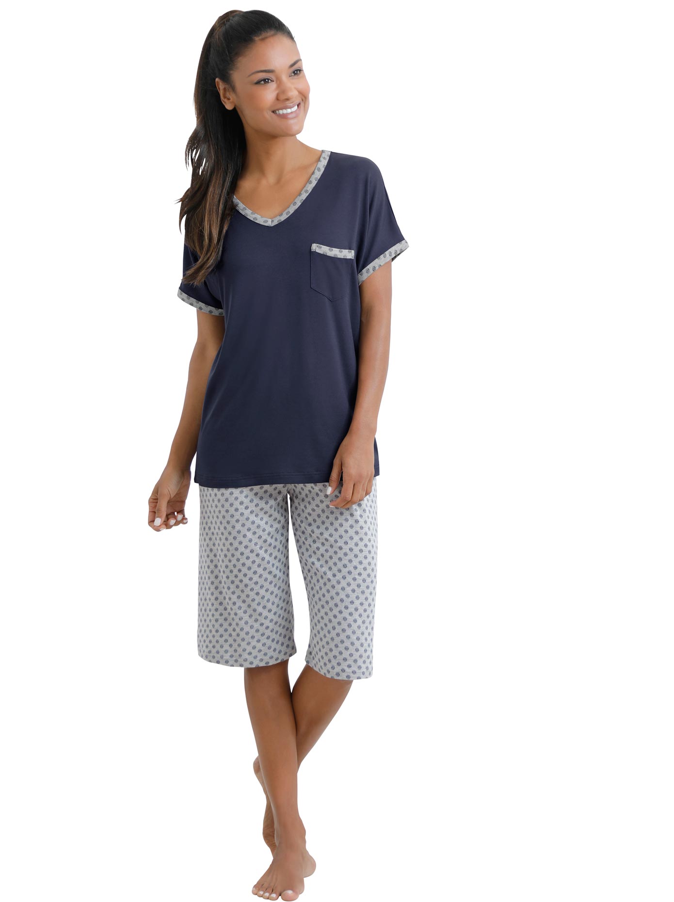 Schlafanzug WÄSCHEPUR, Damen, Gr. 48/50, grau (marine, grau, meliert), 50% Baumwolle, 50% Modal, Homewear-Sets Schlafanzug