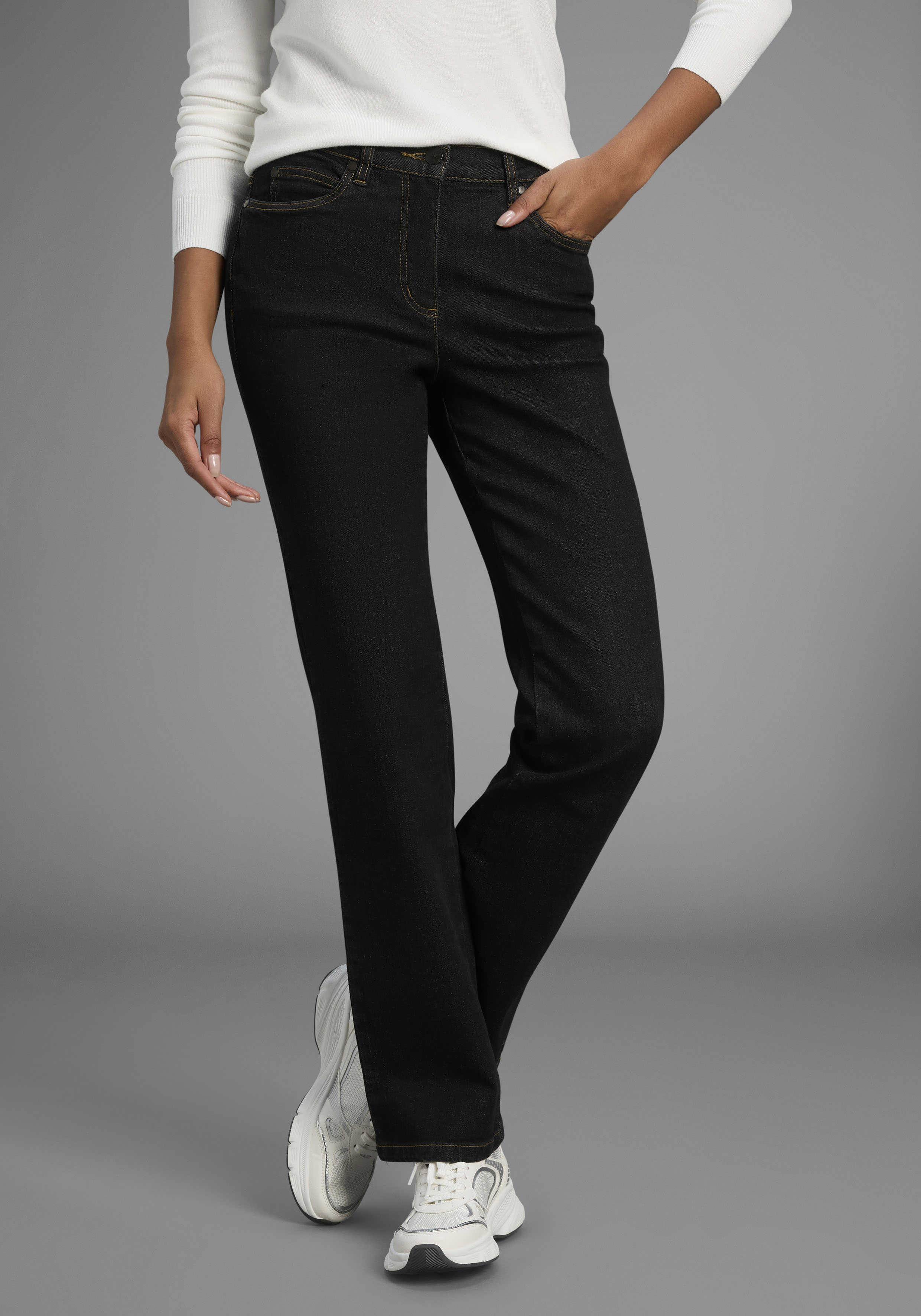 Gerade Jeans ARIZONA "Annett", Damen, Gr. 20, K + L Gr, schwarz, Jeans, Obermaterial: 98% Baumwolle, 2% Elasthan, Basic, normal lang, Jeans, bequeme Passform, 5-Pocket-Style, hohe Taille, Topseller