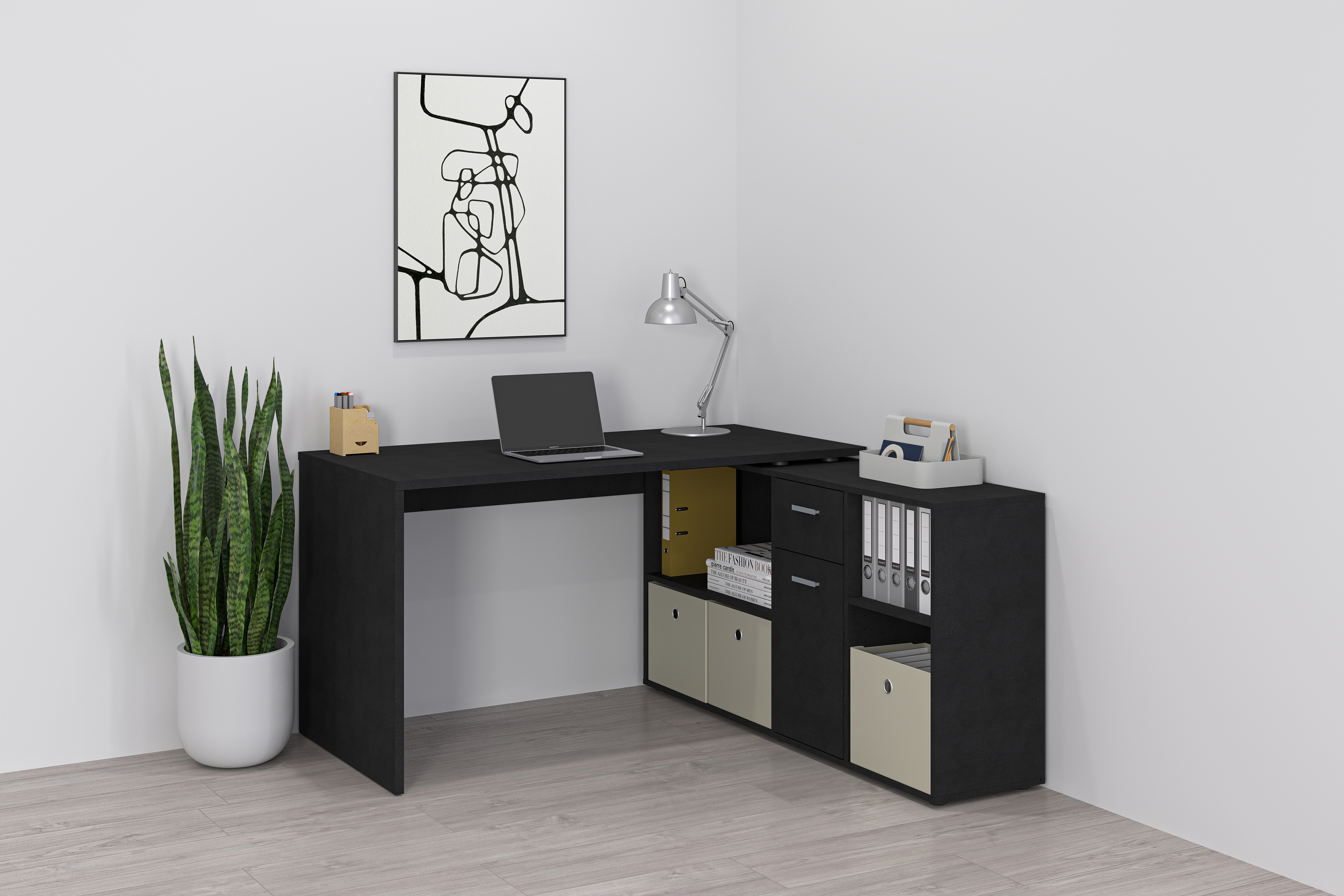 Eckschreibtisch FMD "Lexo", schwarz, B:136cm H:74cm T:66,5cm, Tische, Eckschreibtisch, Schreibtisch/Sideboard viel Stauraum, beidseitig montierb., 136/205 cm