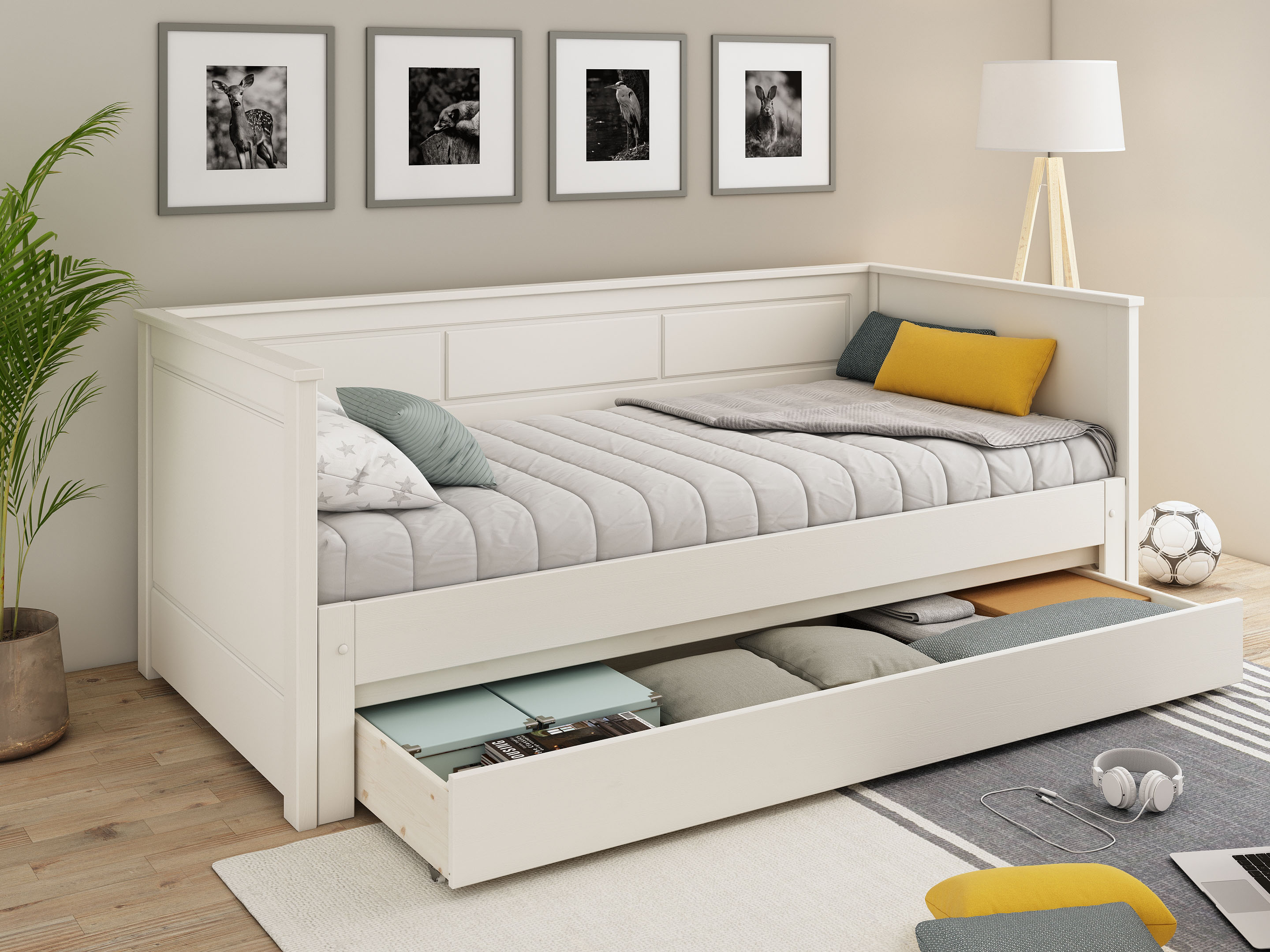 Funktionsbett LÜTTENHÜTT " ERIK " TOPSELLER Daybed, Gästebett, Kinderbett, Massivholz (Kiefer)", weiß, kein Härtegrad, Daybetten, 2. Schlafplatz ausziehbar, moderner Landhausstil, Schublade optional Image