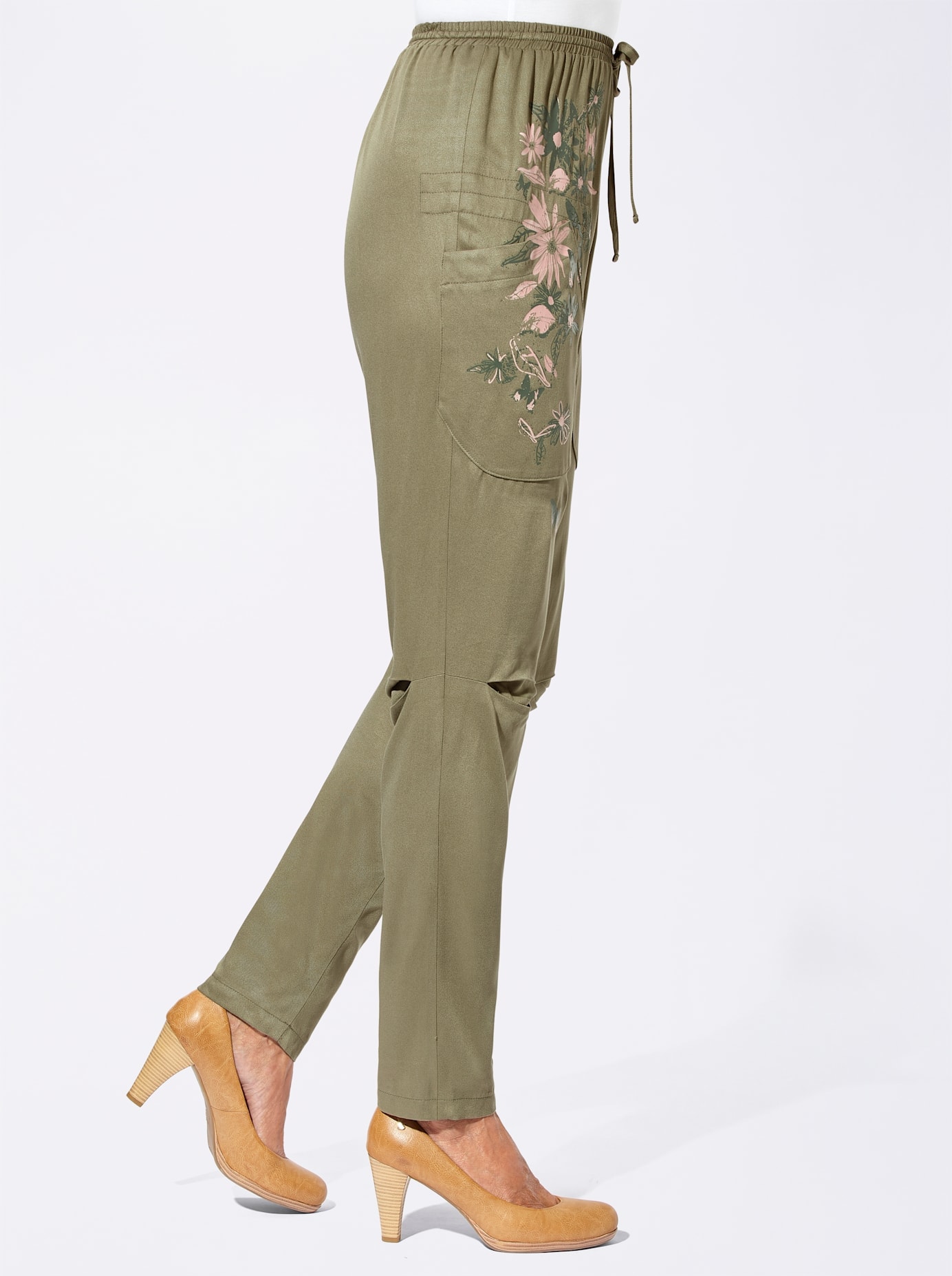 Schlupfhose INSPIRATIONEN, Damen, Gr. 52, Normalgrößen, grün (khaki), 100% Viskose, geblümt, gemustert, unifarben, lang, Hosen Schlupfhose