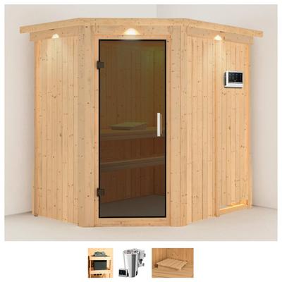 Sauna KARIBU "Swantje", beige (naturbelassen), Bio-Kombiofen, externe Steuerung, 3,6 kW, Saunen, 3,6-kW-Bio-Plug & Play Ofen mit externer Steuerung