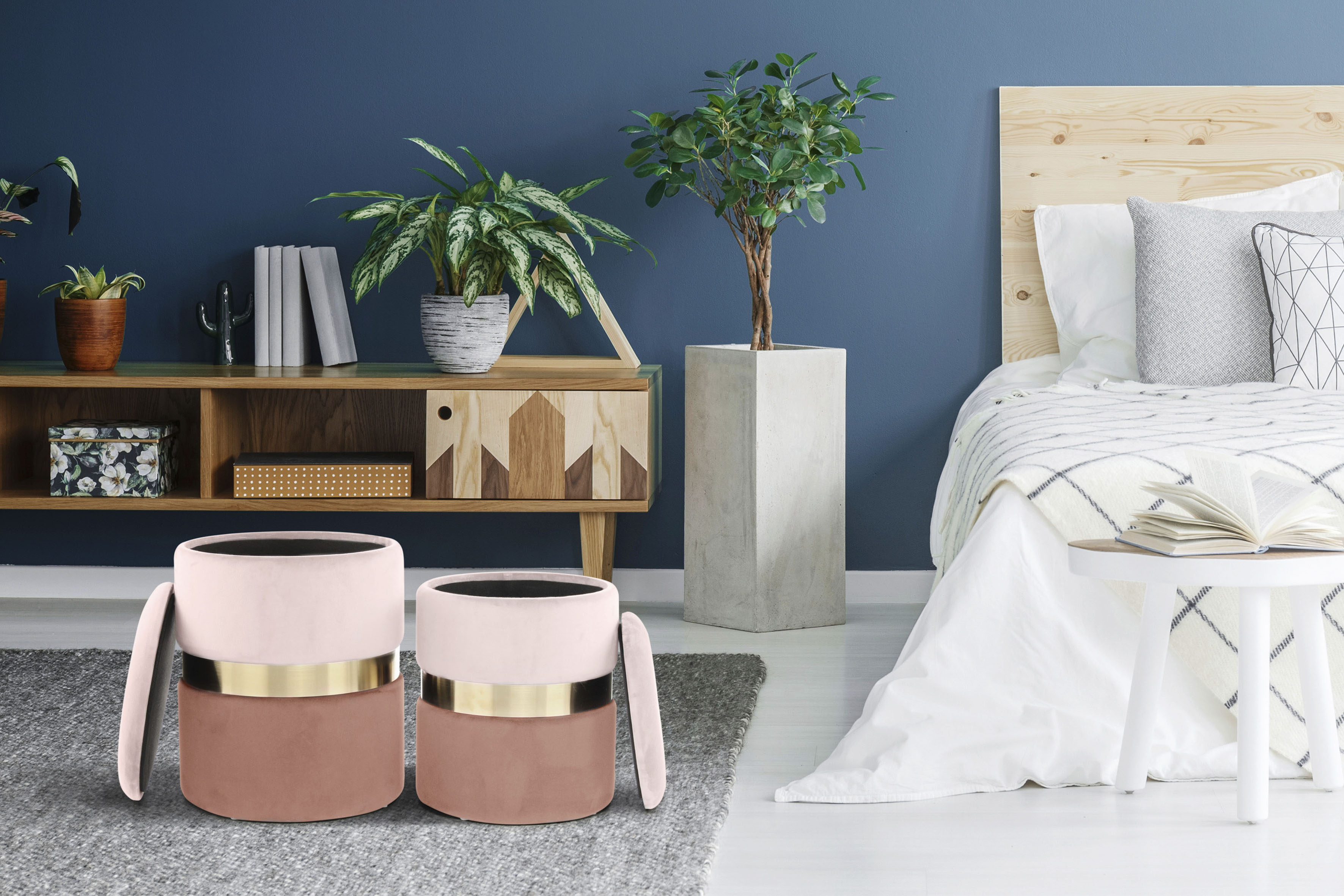 Kayoom "Hocker Zora 125 2er-Set, samtweicher Stoffbezug,runde elegante Form" Set, 2 Stk. tlg. edles Design mit Metallring, gepolstert, mit Stauraum