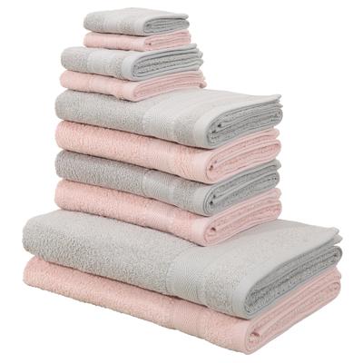 Handtuch Set MY HOME "Afri, Duschtücher, Handtücher, Gästetücher, Seiftücher", rosa (hellgrau, rosa), 10 tlg., Walkfrottee, Walkfrottee, Obermaterial: 100% Baumwolle, Handtuch-Sets, zweifarbig, 100% Baumwolle, weich, mit Bordüre Image