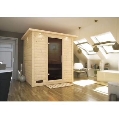 Sauna KARIBU "Menja", beige (naturbelassen), ohne Ofen, (ohne Ofen), Saunen, ohne Ofen
