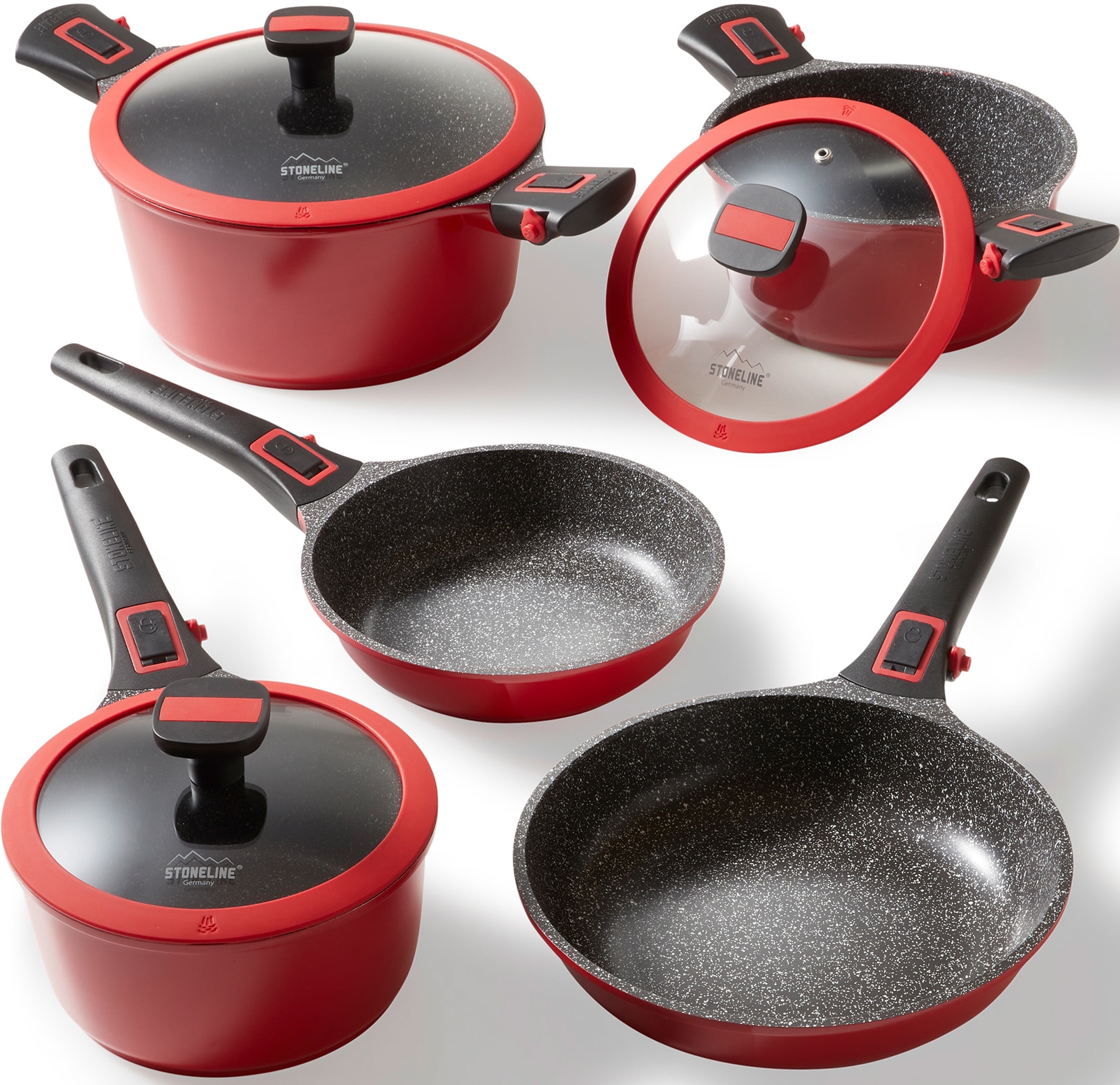 Topf-Set STONELINE "Imagination PLUS", rot (rubinrot), Töpfe, mit abnehmbaren 3-Stufen-Sicherheitsgriffen, Induktionsgeeignet Image