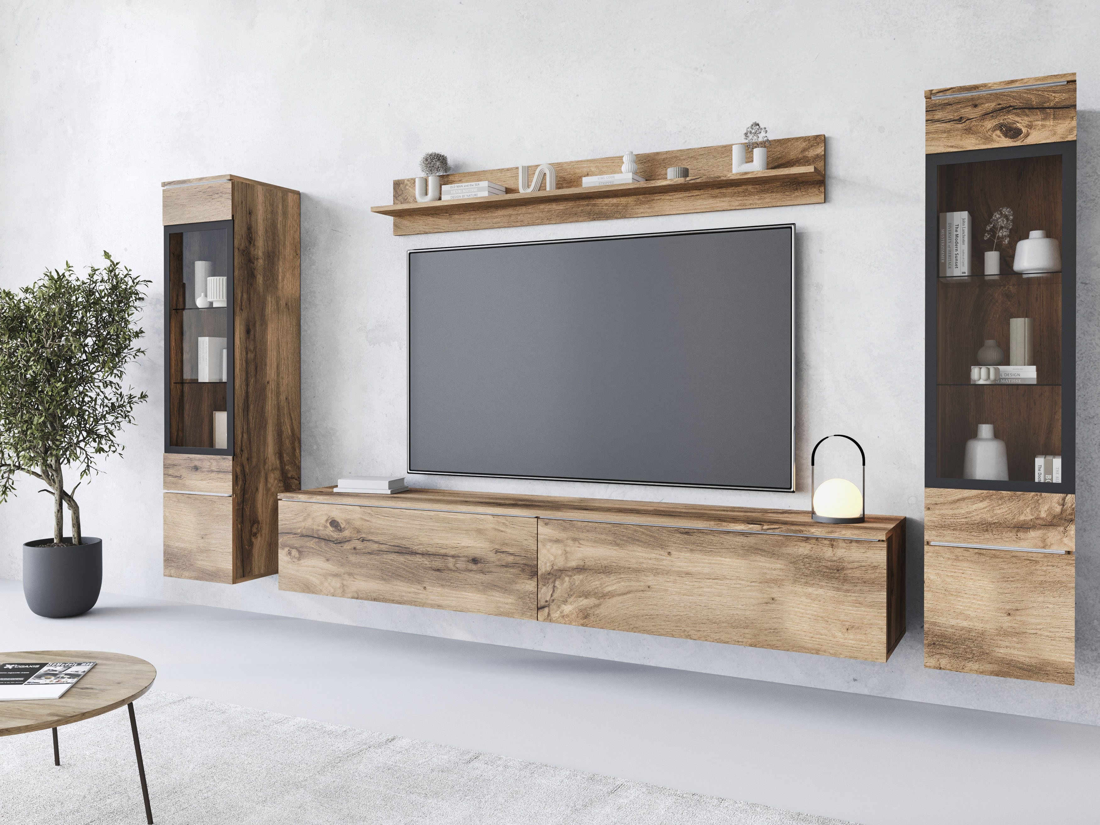 Wohnwand INOSIGN "VERA II", braun (votaneichefarben), B:260cm H:130cm T:33cm, Kastenmöbel-Sets, Mediawand 260 cm, Vitrine mit Verglasung, stehend und hängend, Topseller