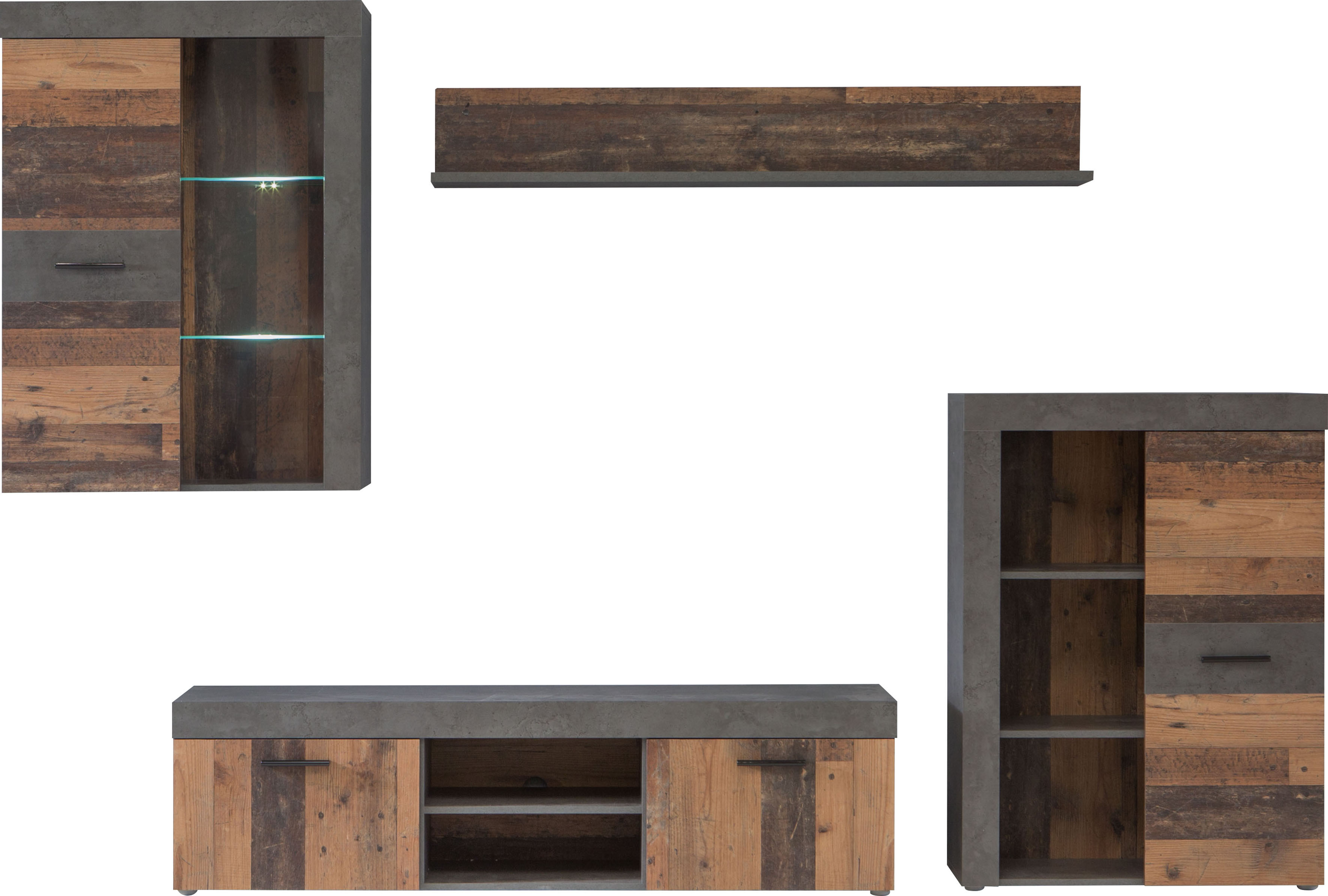 Wohnwand FORTE, grau (dunkelgrau, vintage), B:288,6cm, Kastenmöbel-Sets