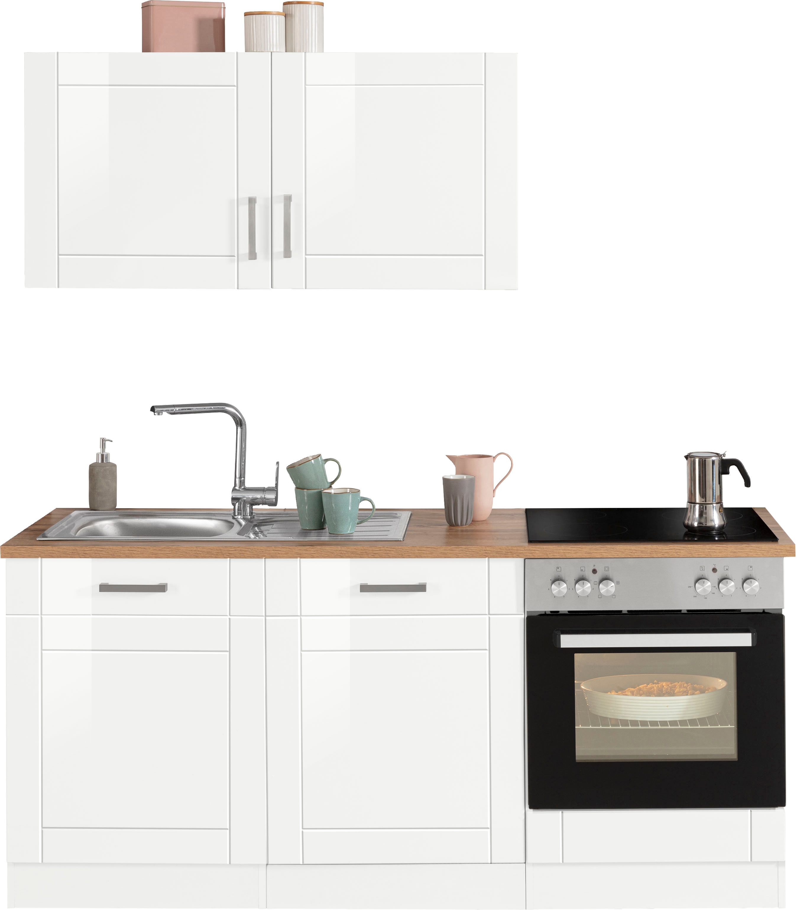 Küchenzeile KOCHSTATION "KS-Tinnum", weiß (küche: weiß, korpus: weiß, arbeitsplatte: wotaneichefarben), B:180cm T:60cm, Komplettküchen-Sets, Küchenzeile, ohne E-Geräte, Breite 180 cm