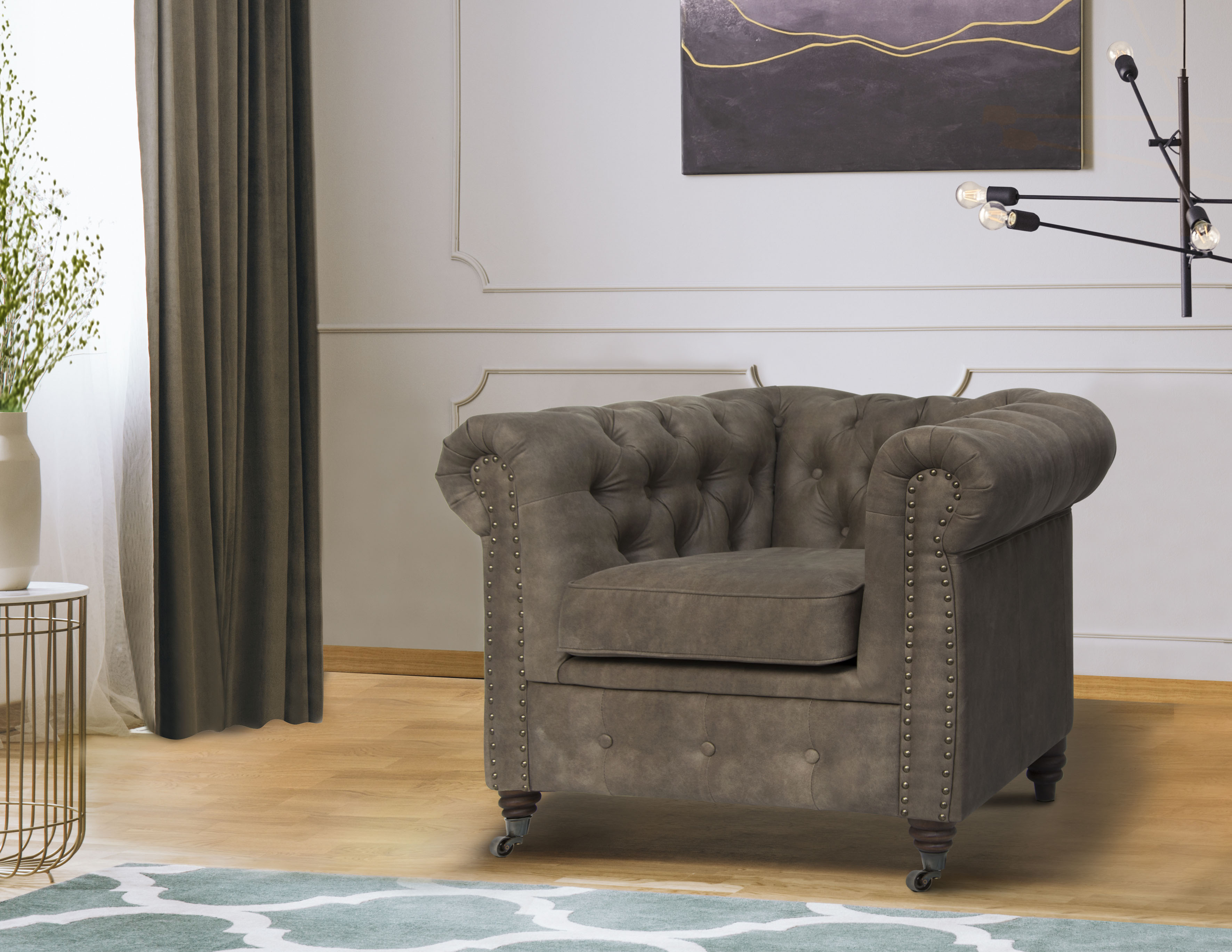 Chesterfield-Sessel HOME AFFAIRE "Aarburg Sessel", grau (stein), B:98cm H:77cm T:87cm, 100% Polyester, Sessel, aufwändige Knopfheftung und Ziernägel im Chesterfield-Design