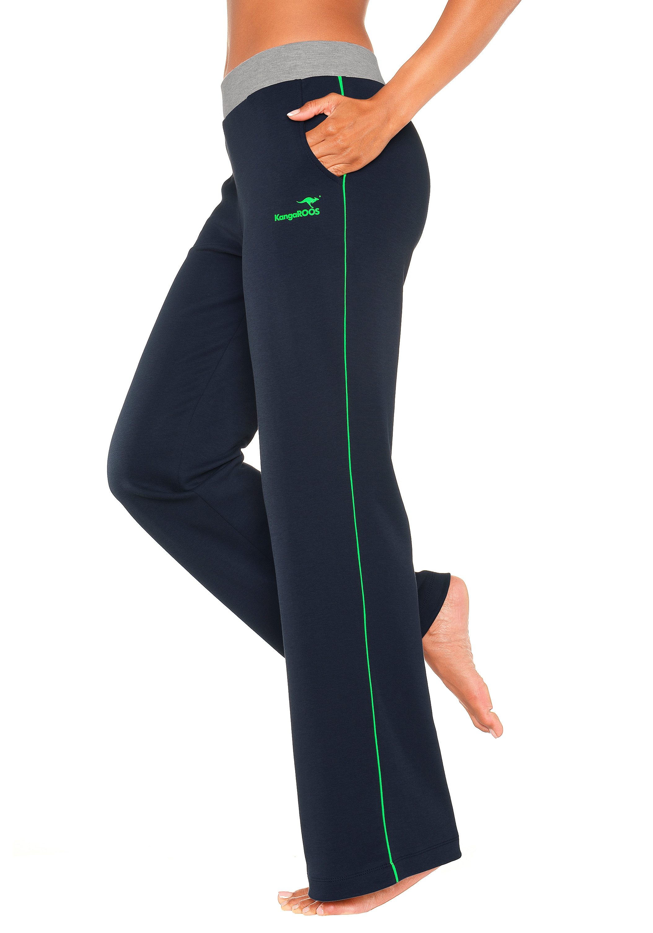 Relaxhose KANGAROOS, Damen, Gr. 40/42, N-Gr, bunt (marine, grün, grün), Sweatware, Obermaterial: 60% Baumwolle, 40% Polyester, unifarben, Basic, bequem lang, Hosen Relaxhose, mit breitem Bund, Loungewear, Loungeanzug