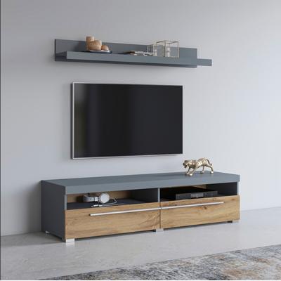 Lowboard INOSIGN "Roger,Breite 140 cm, stilvolle TV-Kommode, inclusive Wandboard", grau (grau matt, eichefarben votan), FSC-zertifizierter Holzwerkstoff, Sideboards, TV-Schrank mit viel Stauraum, TV-Board, 2 Klappen Image