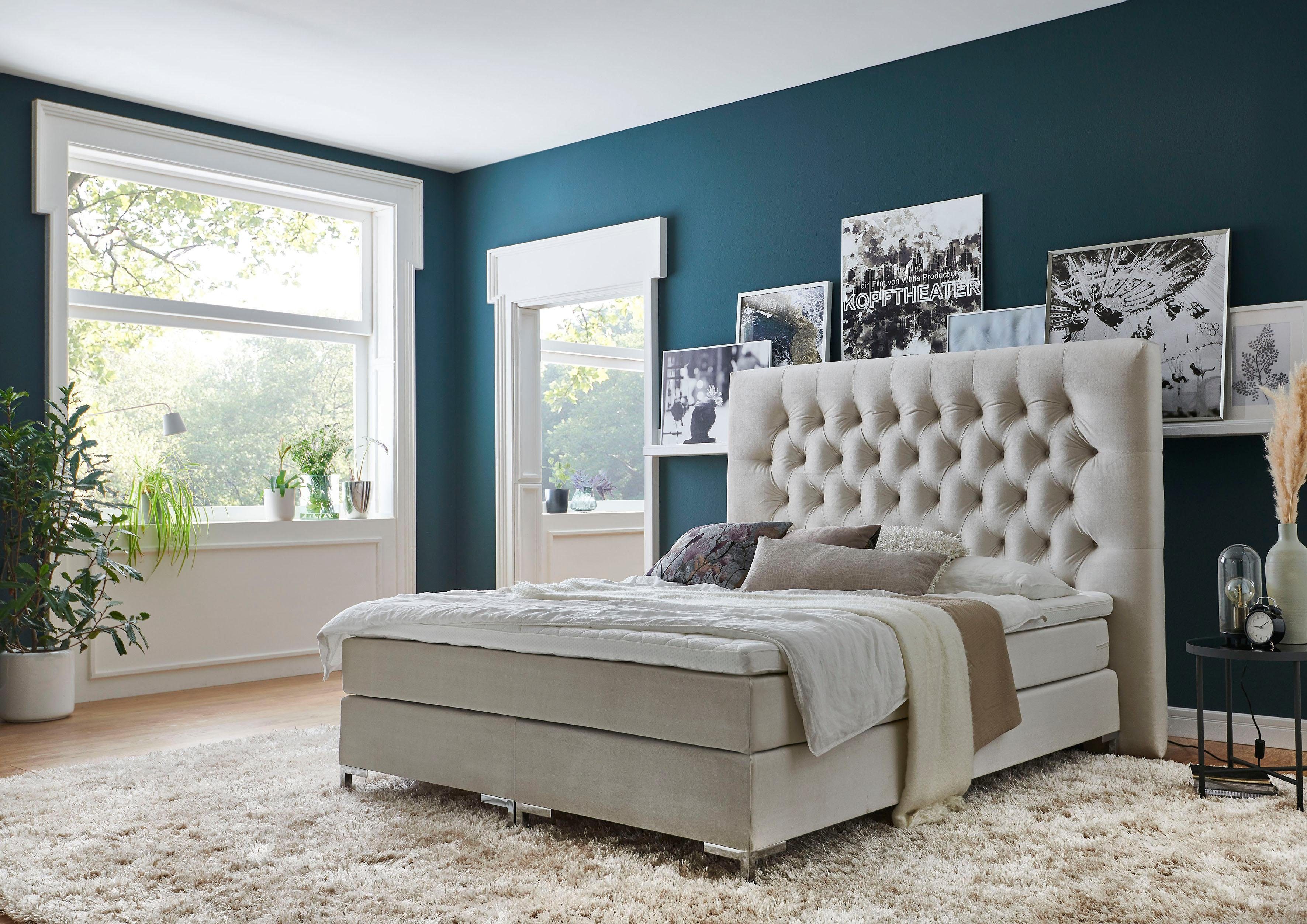 Boxspringbett "Ronja", beige (creme), B:168cm L:216cm, Bezug Bett: Samtvelours (100% Polyester);Bonnell-Federkernmatratze: Jersey (100% Polyester);Topper: Jersey (100% Polyester), ATLANTIC HOME COLLECTION, Komplettbetten, Boxspringbett, mit Topper...