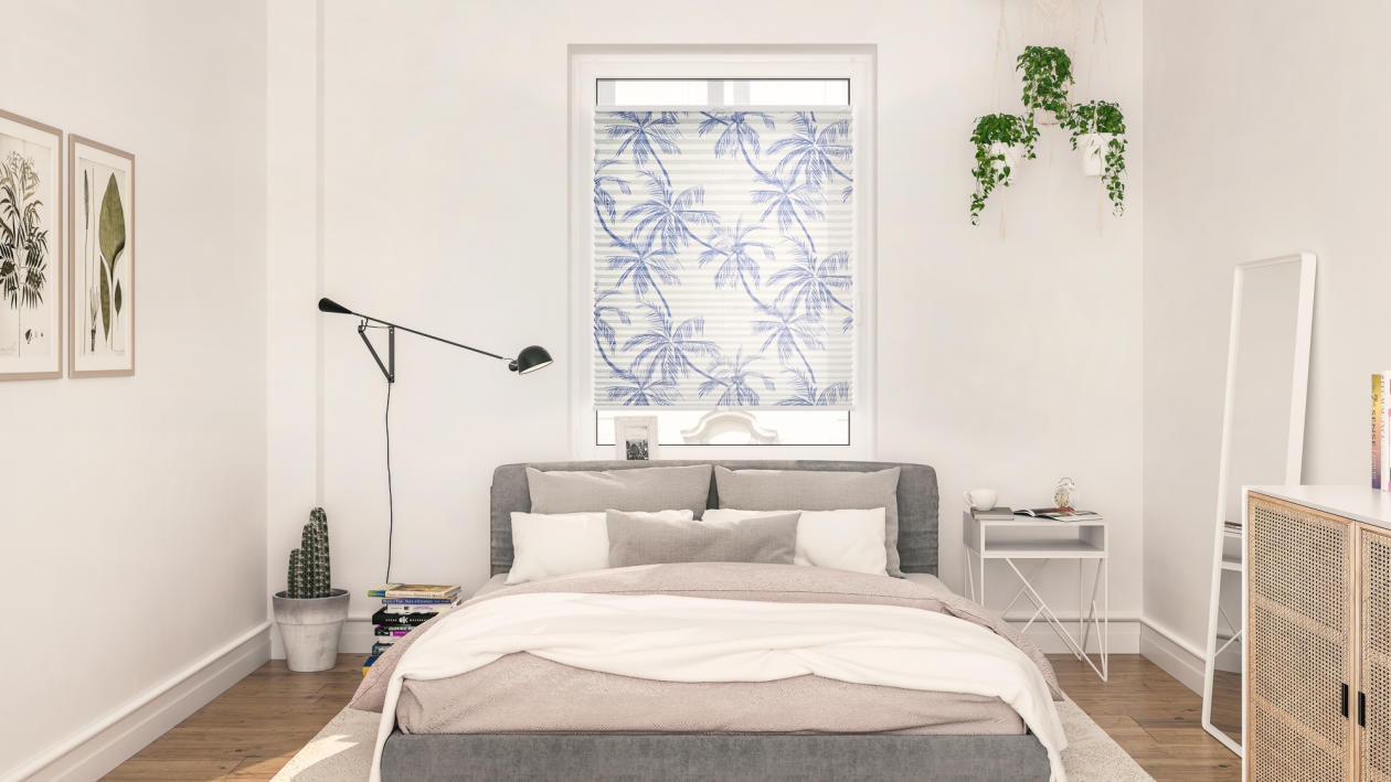 Plissee LICHTBLICK ORIGINAL "Plissee Klemmfix, ohne Bohren, blickdicht, Blueprint Palms - Blau", blau (blau, weiß, weiß), B:70cm H:130cm, Obermaterial: 100% Polyester, Plissees