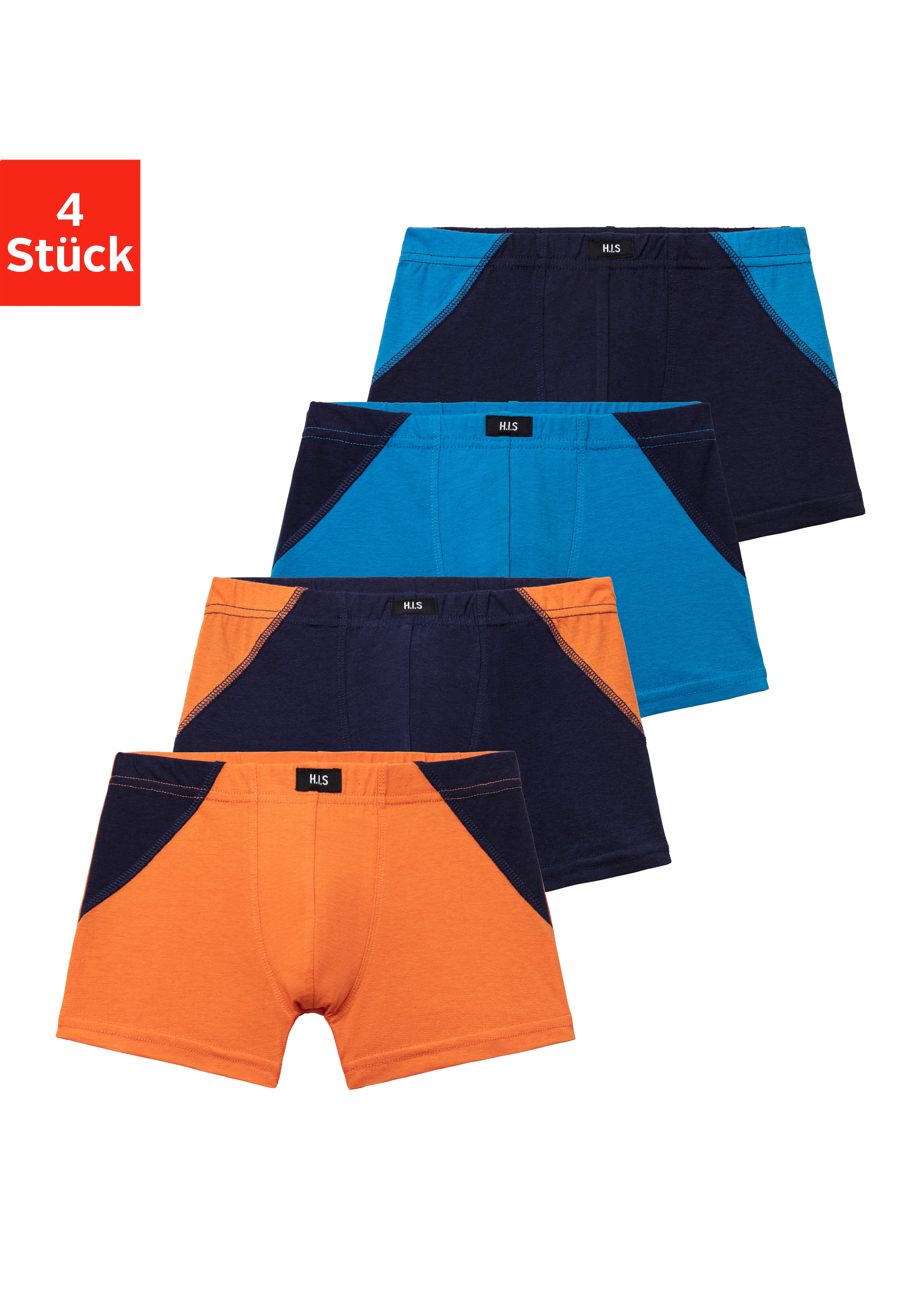 Boxer H.I.S "Boxershorts für Jungen", Kinder, Gr. 182, bunt (marine, blau, blau, marine, orange, marine, marine, orange), Jersey, Obermaterial: 95% Baumwolle, 5% Elasthan, colorblocking, körpernah, Unterhosen, mit coolem Colorblocking für einen... Image