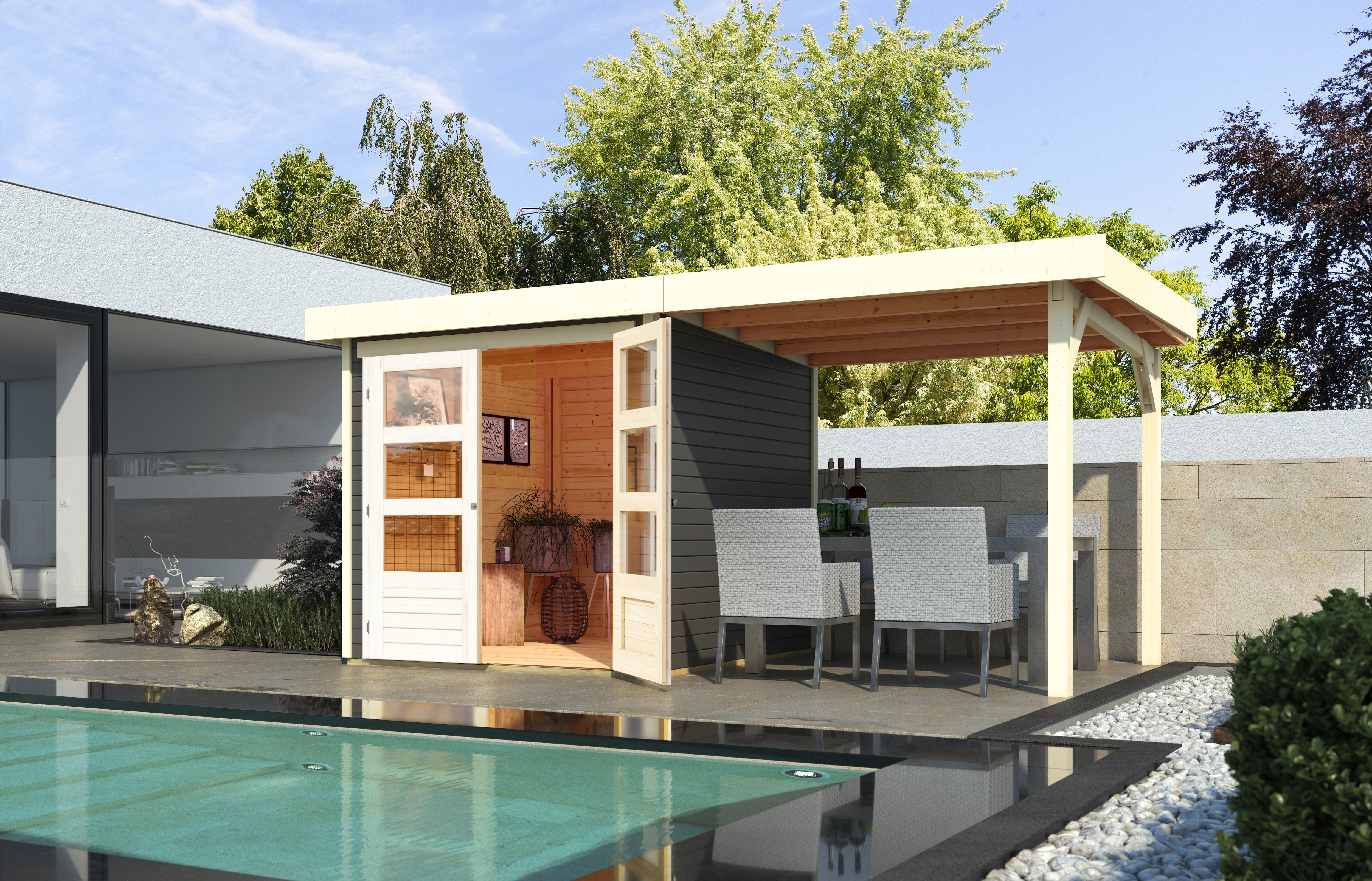 Gartenhaus KARIBU "Arnis", grau (terragrau), ohne Fußboden, ohne Rück- und Seitenwand, ohne Dacheindeckung, Holzwerkstoff, Gartenhäuser, Gartenhaus, mit Anbaudach 2,40 m Breite