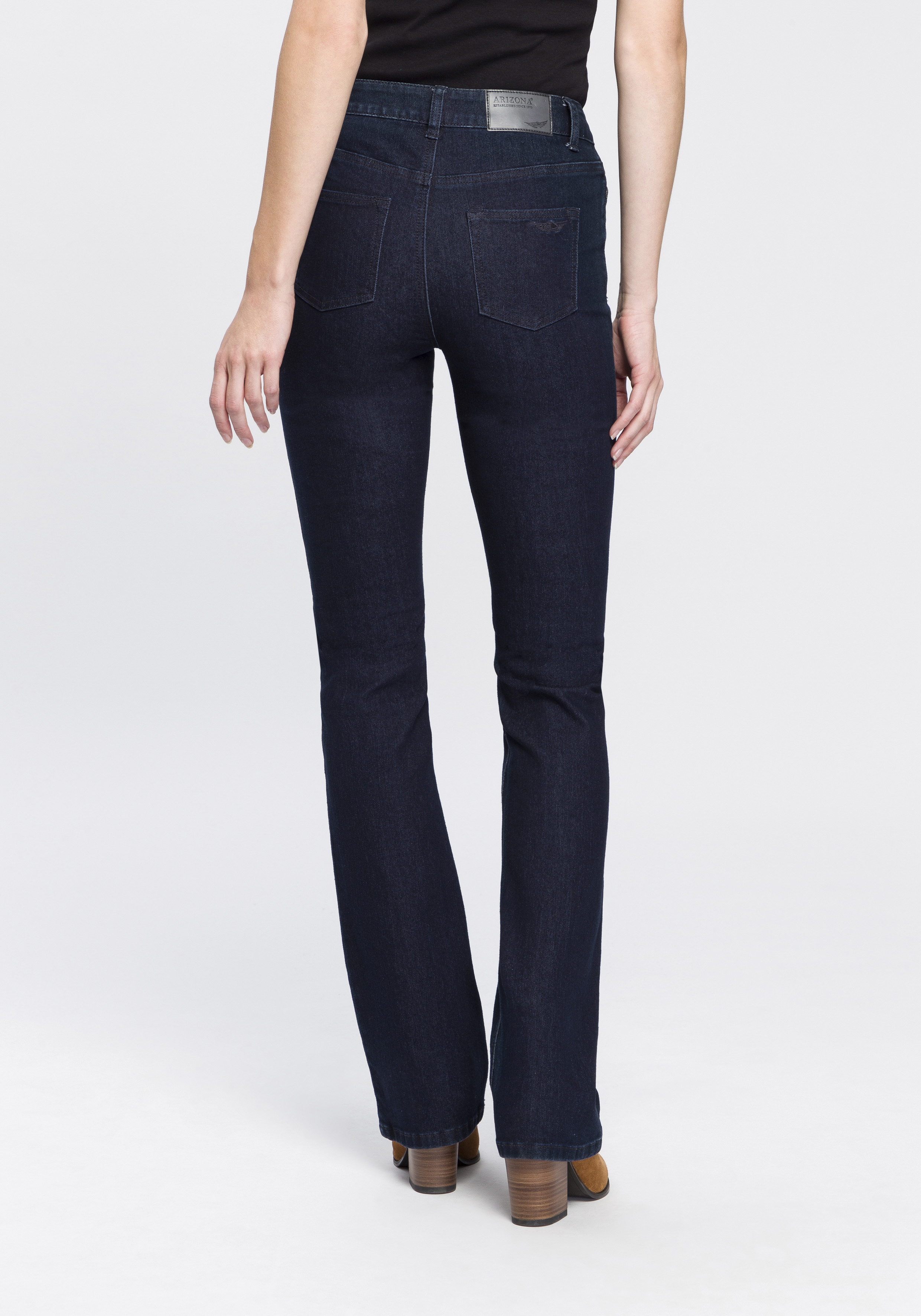Bootcut-Jeans ARIZONA "Baby Bootcut", Damen, Gr. 18, K + L Gr, blau (rinsed), Denim/Jeans, Obermaterial: 69% Baumwolle, 29% Polyester, 2% Elasthan, clean, Basic, bootcut fit, Jeans, leicht ausgestelltes Bein, hohe Leibhöhe, Topseller
