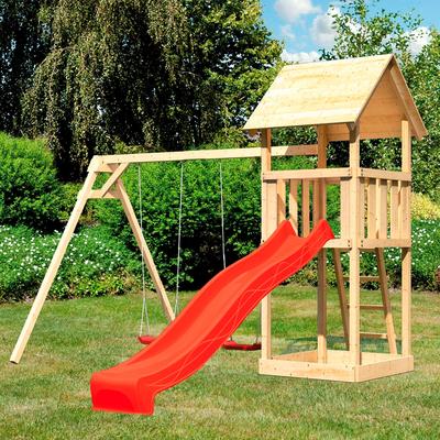 Spielturm KONIFERA "Rosie", beige (natur, rot), Spieltürme, KinderB:347cm H:291cm T:264cm, Holzwerkstoff, BxTxH: 347x264x291 cm, B:347cm H:291cm T:264cm