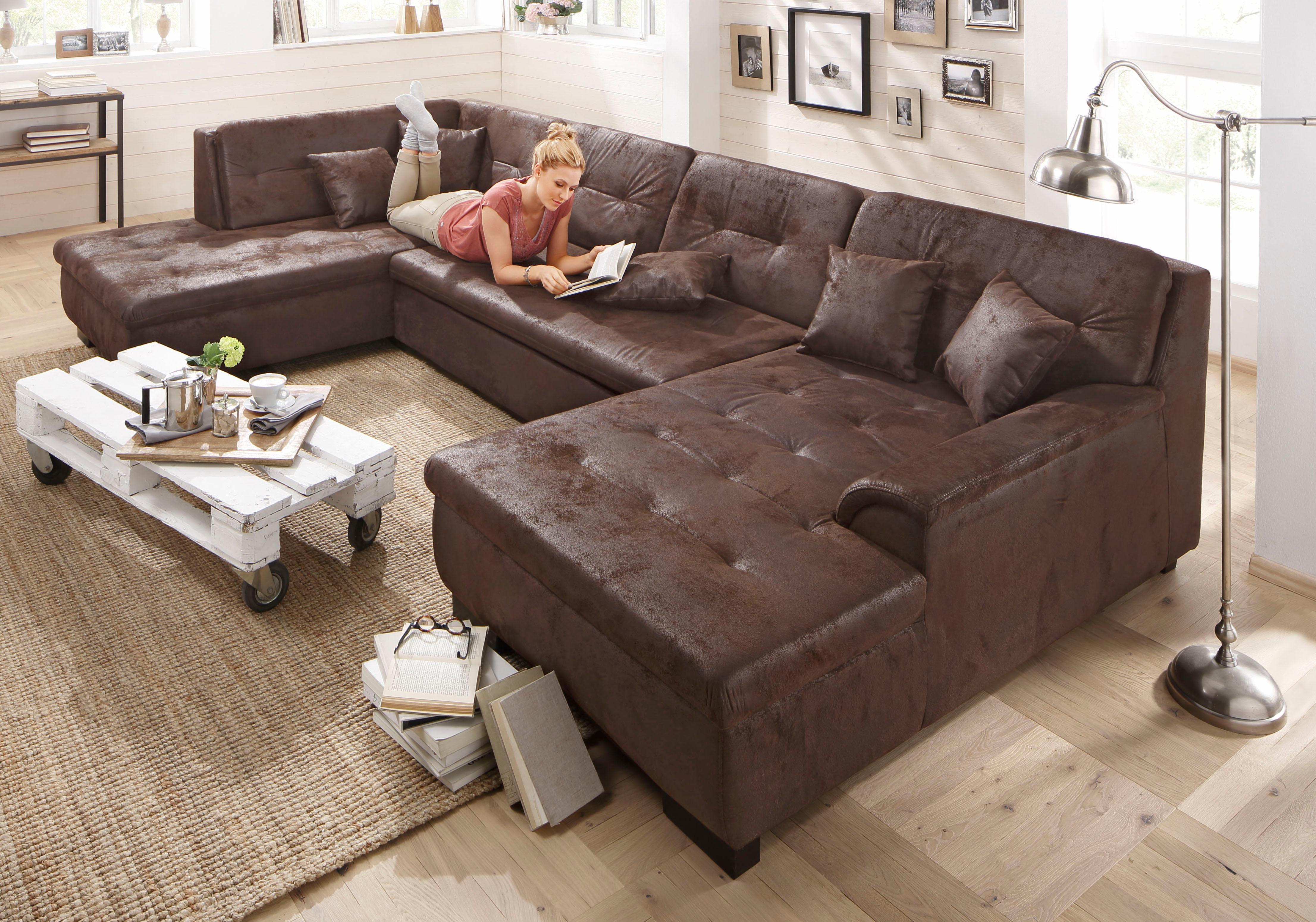 Wohnlandschaft HOME AFFAIRE "Bergen zeitlos und elegant, U-Form", braun (dunkelbraun), B:364cm H:83cm T:106cm, Sofas, Wohnlandschaft, wahlweise mit Bettfunktion